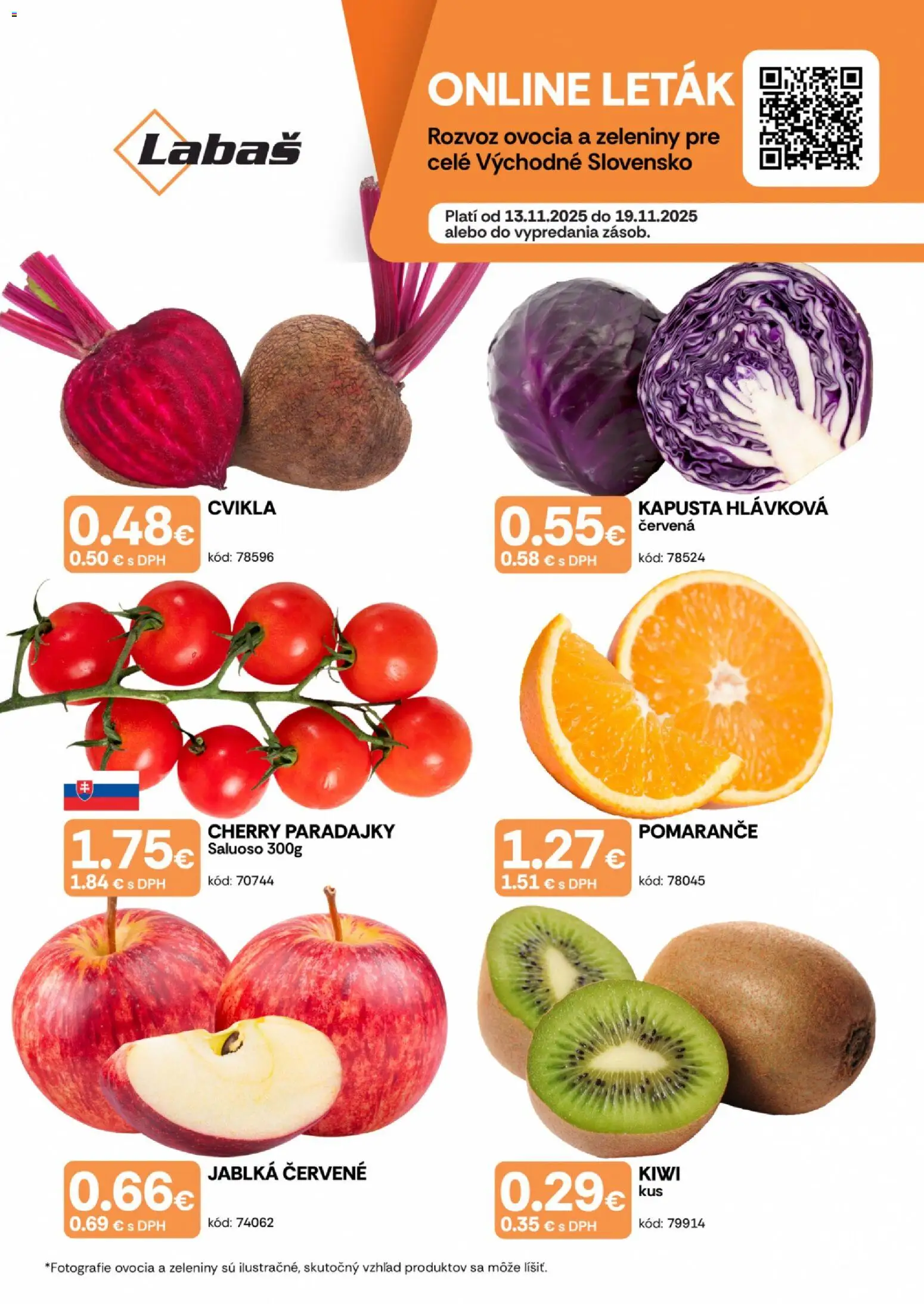 Náhľad Labaš letáku platného od 13.11.2025 - Kiwi, Paradajky, Kapusta, Cvikla, Jablká, Pomaranče, Cherry paradajky