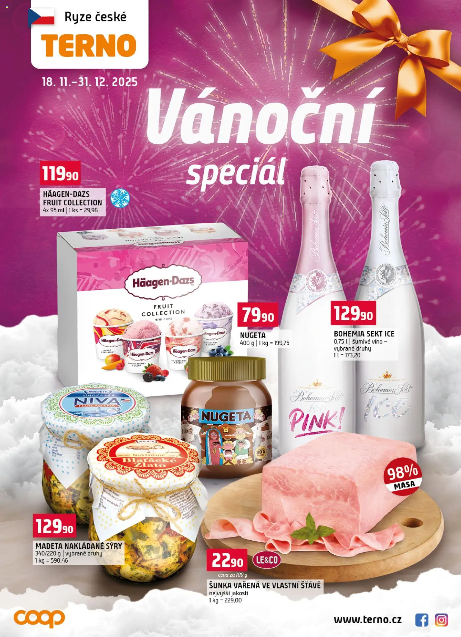 Náhled nabídky: Terno Vánoční speciál platný od 18.11.2025 - Mango, Rýže, Bohemia sekt, Šunka, Sýry, Sekt, Šumivé víno, Bohemia Sekt Ice