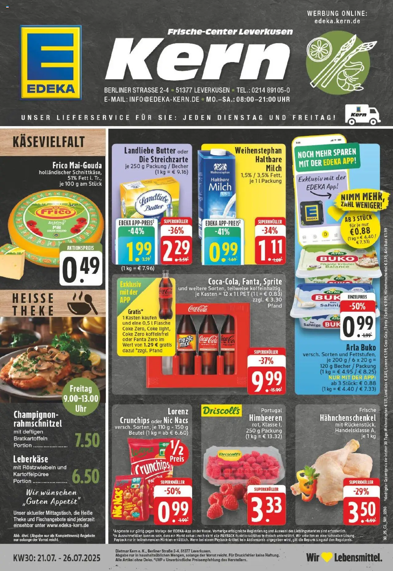EDEKA Prospekt ab 20.07.2025 - Prospekt Leverkusen Online - Chips, Schnitzel, Milch, Hahnchenschenkel, Theke, Haltbare milch, Leberkase, Landliebe butter