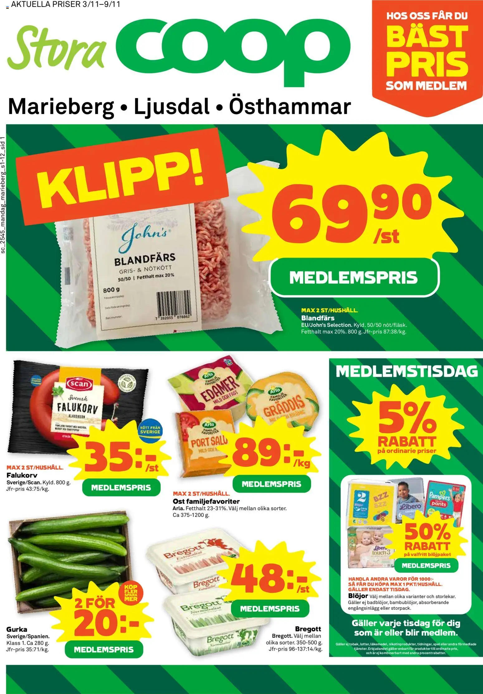 Förhandsgranska reklamblad Örebro från butik Coop Forum gäller från 03/11/2025 - Falukorv, Ost, Kött, Bregott, Gurka, Galler, Nötkött, Blandfärs