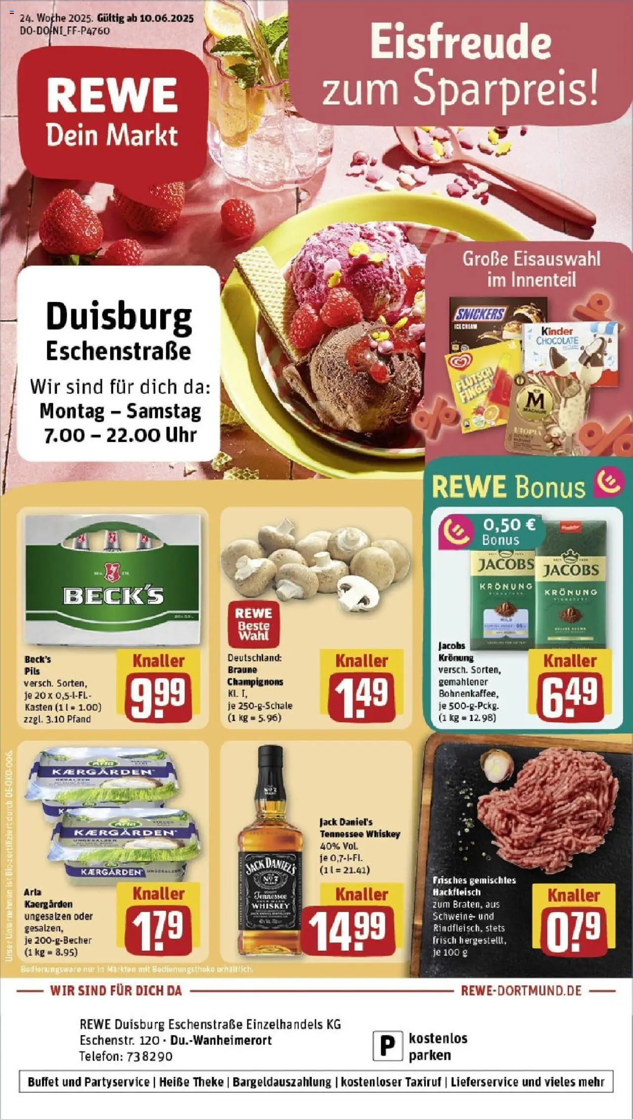 REWE Prospekt ab 08.06.2025 nächste Woche - Prospekt Duisburg - Uhr, Telefon, Butter, Hackfleisch, Champignons, Snickers, Theke, Pils