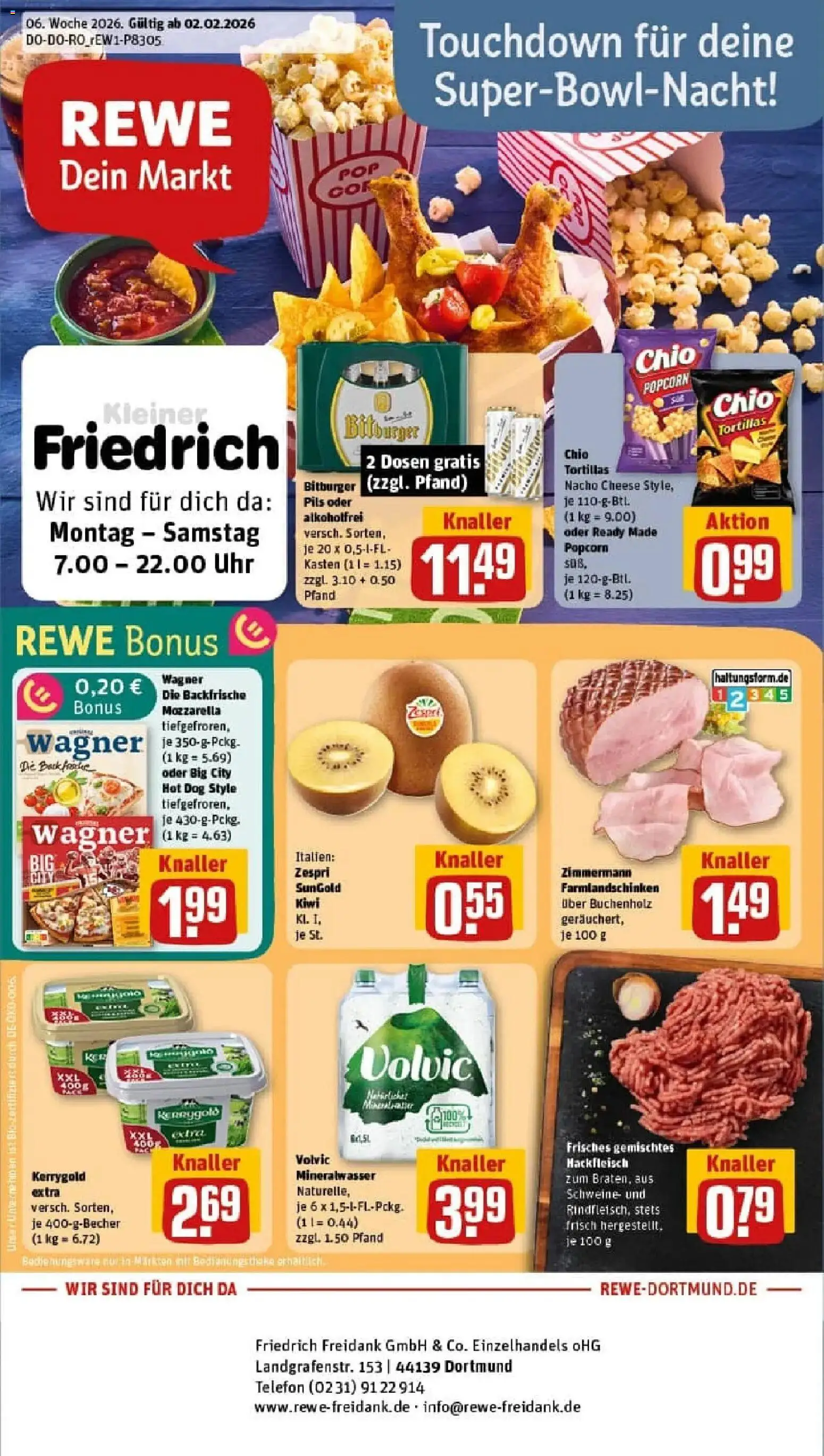 Vorschau von dem Prospekt des Geschäftes Rewe, gültig ab dem 02.02.2026 - Chips, Telefon, Mozzarella, Mineralwasser, Popcorn, Bitburger, Volvic, Pils