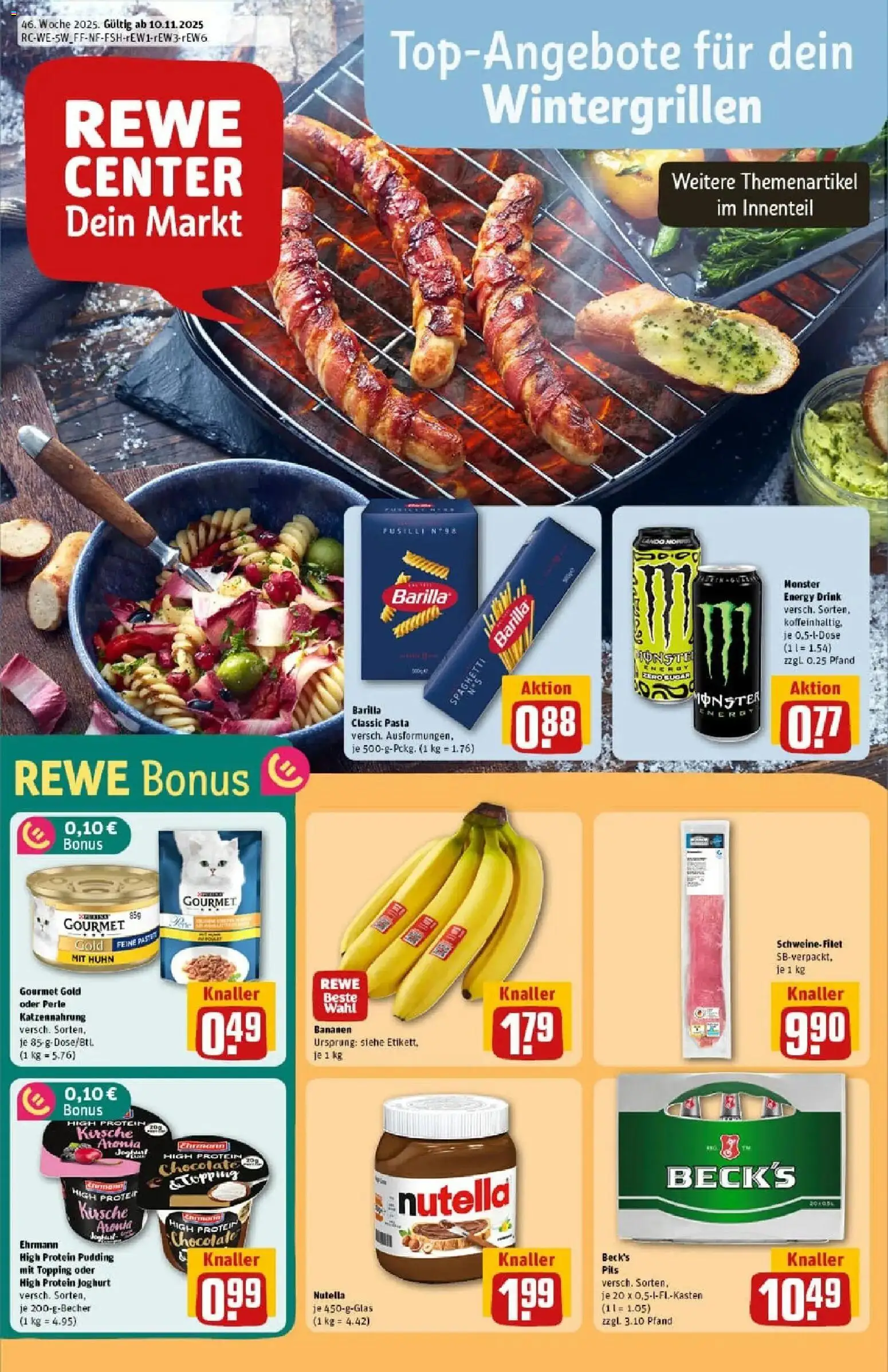 Vorschau von dem Prospekt des Geschäftes Rewe, gültig ab dem 10.11.2025 - Pasta, Nutella, Monster, Spaghetti, Bananen, Energy, Pudding, Pils