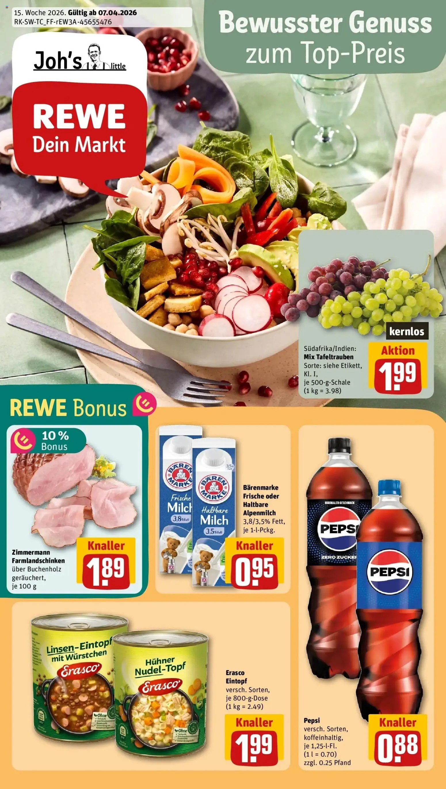 Vorschau von dem Prospekt des Geschäftes Rewe, gültig ab dem 05.04.2026 - Milch, Zucker, Pepsi, Erasco