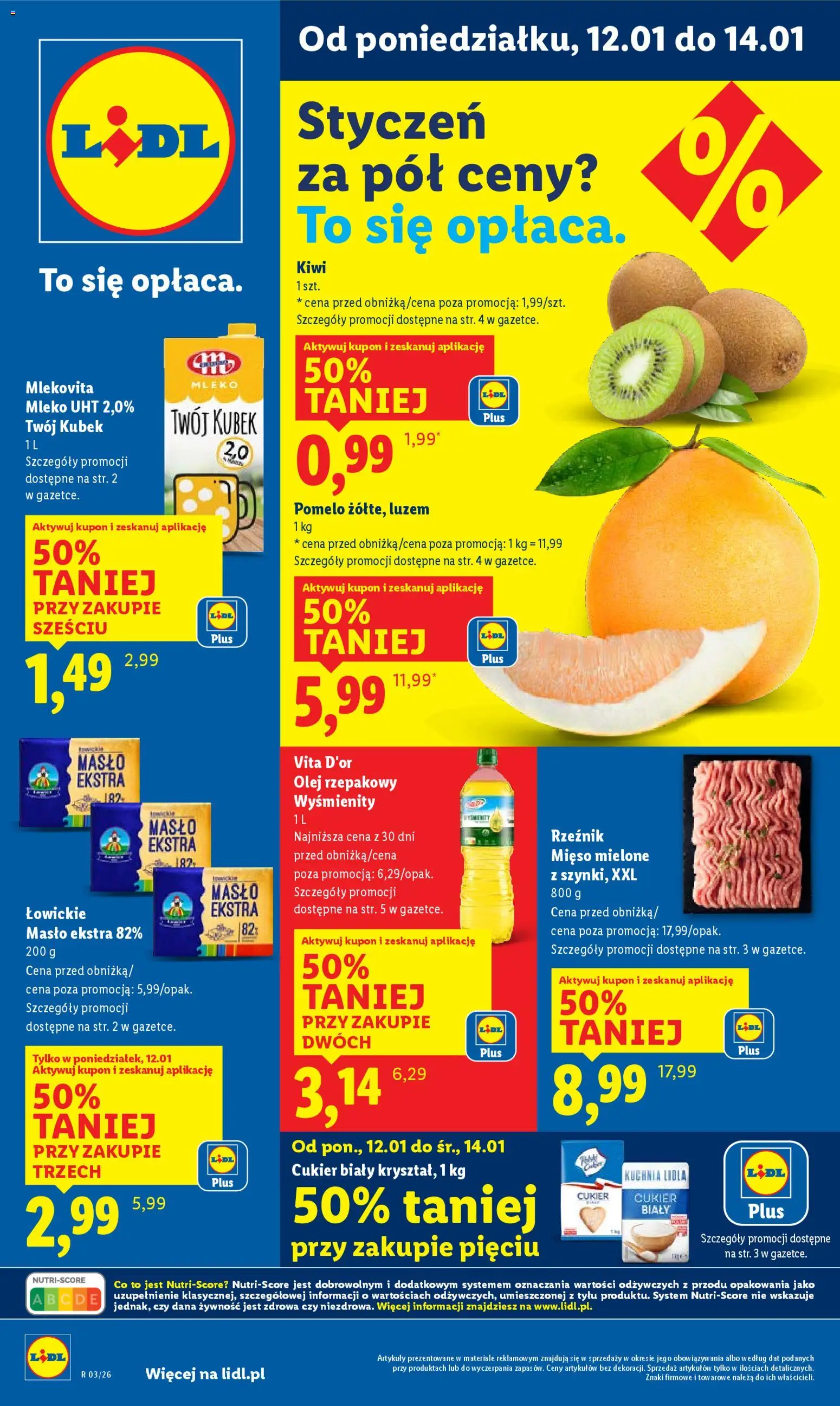 Pogląd gazetki "Gazetka" ze sklepu Lidl ważnej od 12.01.2026 - Kiwi, Mleko, Pomelo, Żywność, Mięso mielone, Olej rzepakowy, Mleko UHT, Cukier biały