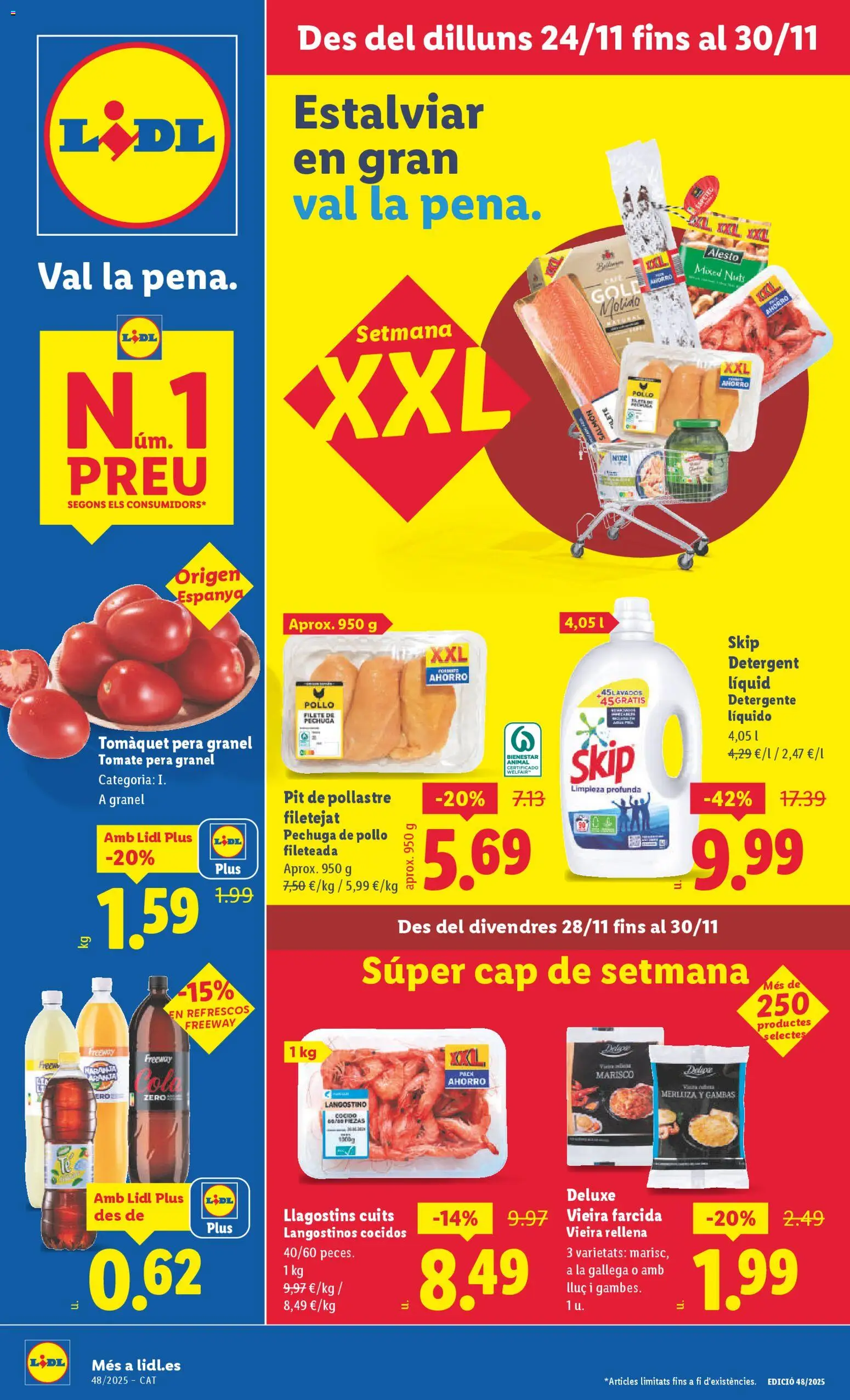 Vista previa del folleto de la tienda Lidl válido desde el 24/11/2025 - Café, Tomate, Langostinos, Langostino, Detergente, Detergente líquido, Pechuga de pollo fileteada, Pollo