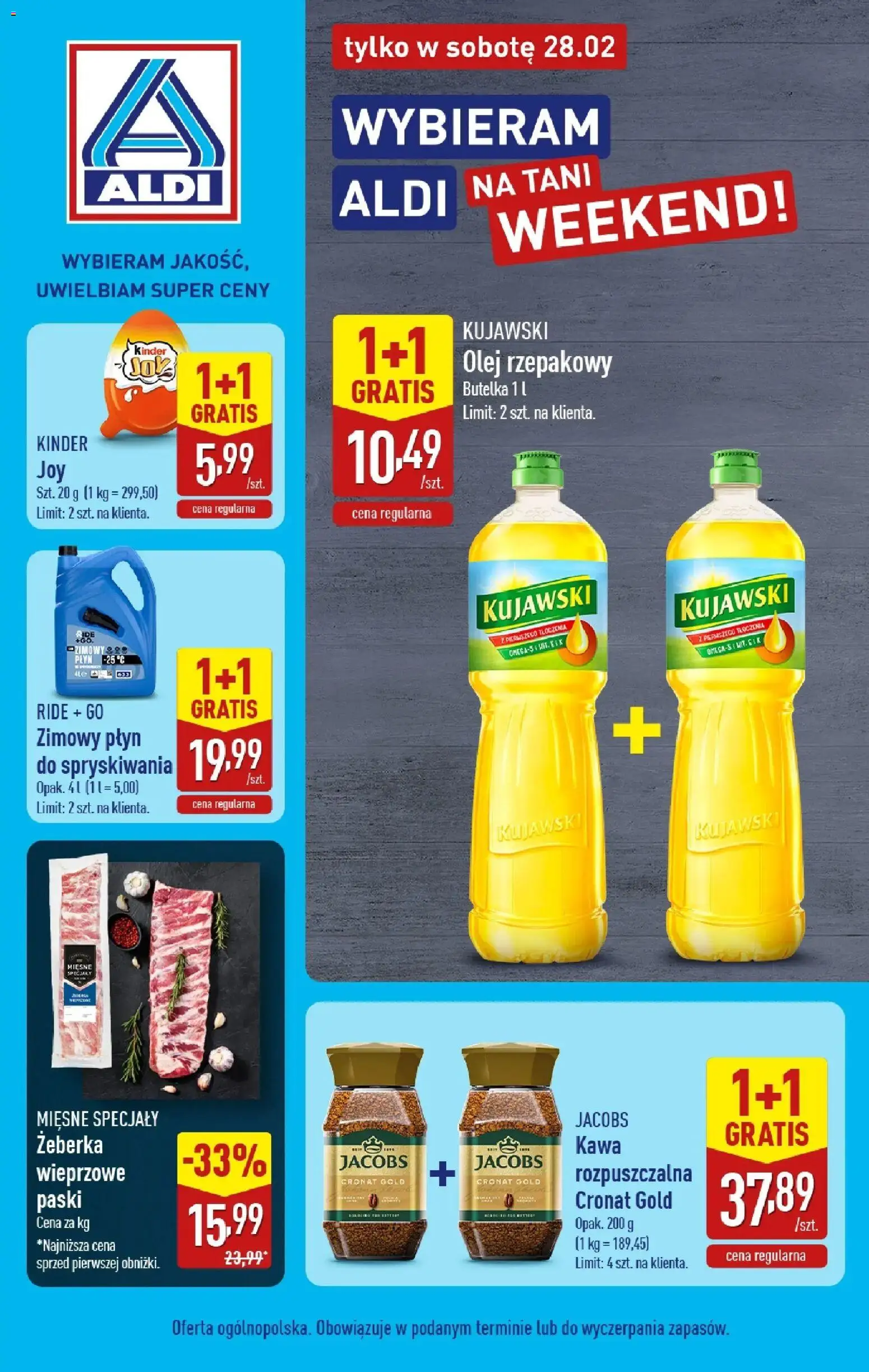 Pogląd gazetki "Aldi Gazetka - Tylko w sobotę" ze sklepu Aldi ważnej od 28.02.2026 - Kawa, Jacobs, Żeberka, Olej, Olej rzepakowy, Specjały