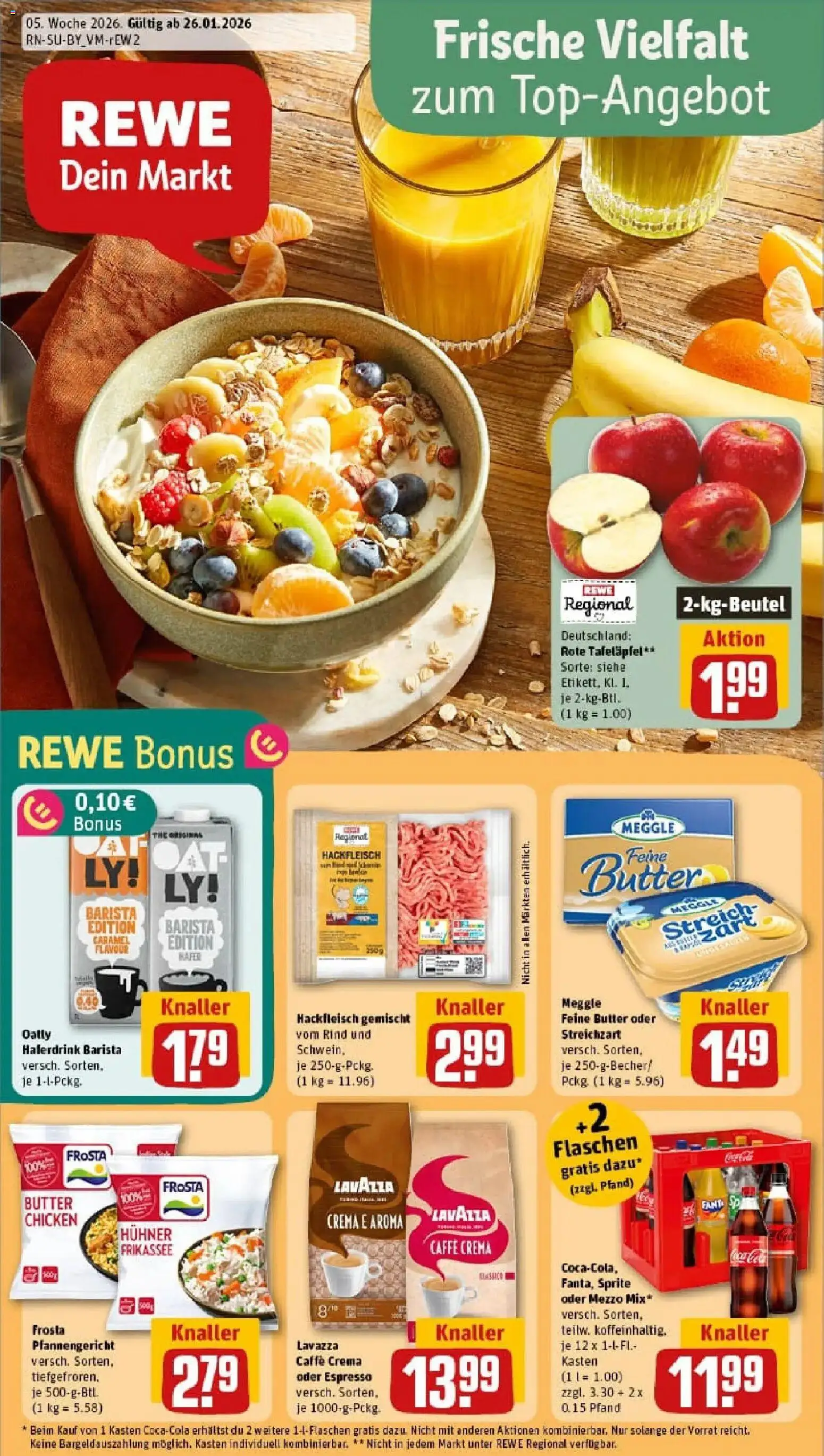 Vorschau von dem Prospekt des Geschäftes Rewe, gültig ab dem 26.01.2026 - Butter, Hackfleisch, Lavazza, Frosta, Sprite, Oatly, Mezzo mix, Oder mezzo mix