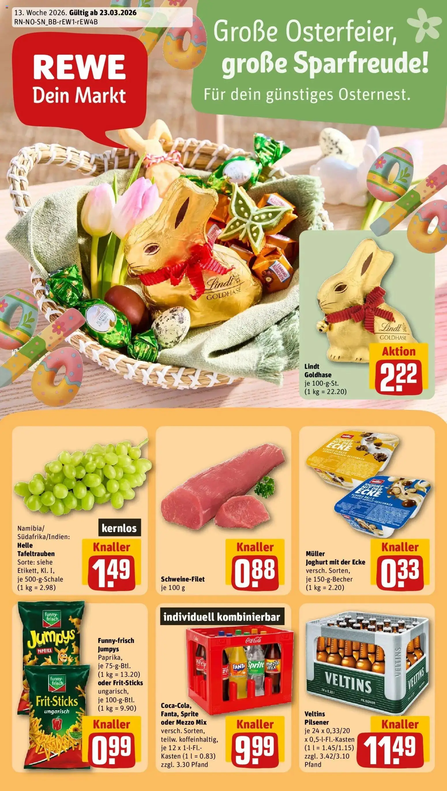 Vorschau von dem Prospekt des Geschäftes Rewe, gültig ab dem 23.03.2026 - Chips, Lindt, Joghurt, Paprika, Veltins, Sprite, Mezzo mix, Oder mezzo mix