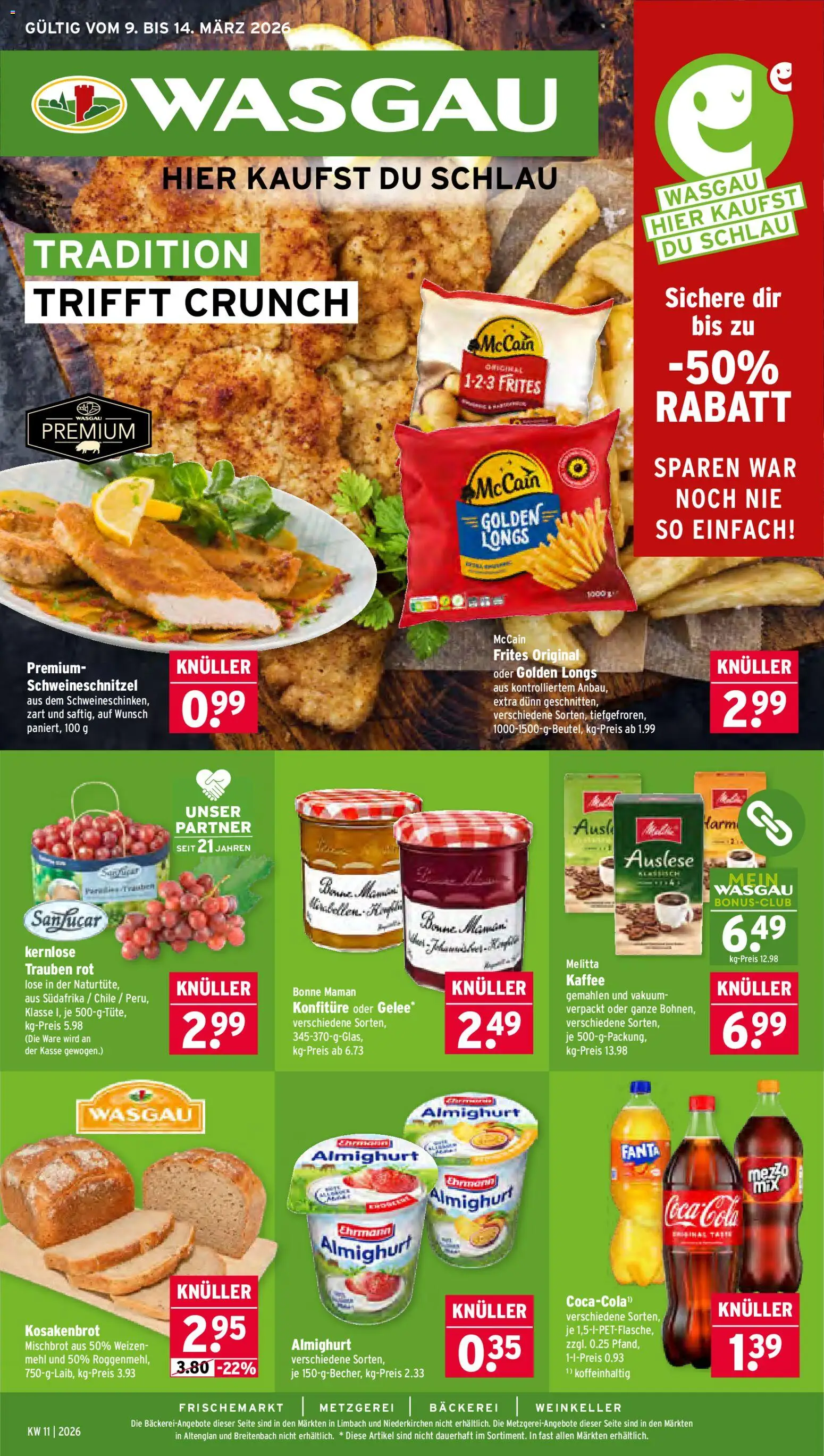 Vorschau von dem Prospekt des Geschäftes Wasgau, gültig ab dem 09.03.2026 - Kaffee, Mehl, Fanta, Trauben, Melitta, McCain, Bonne maman, Ehrmann almighurt