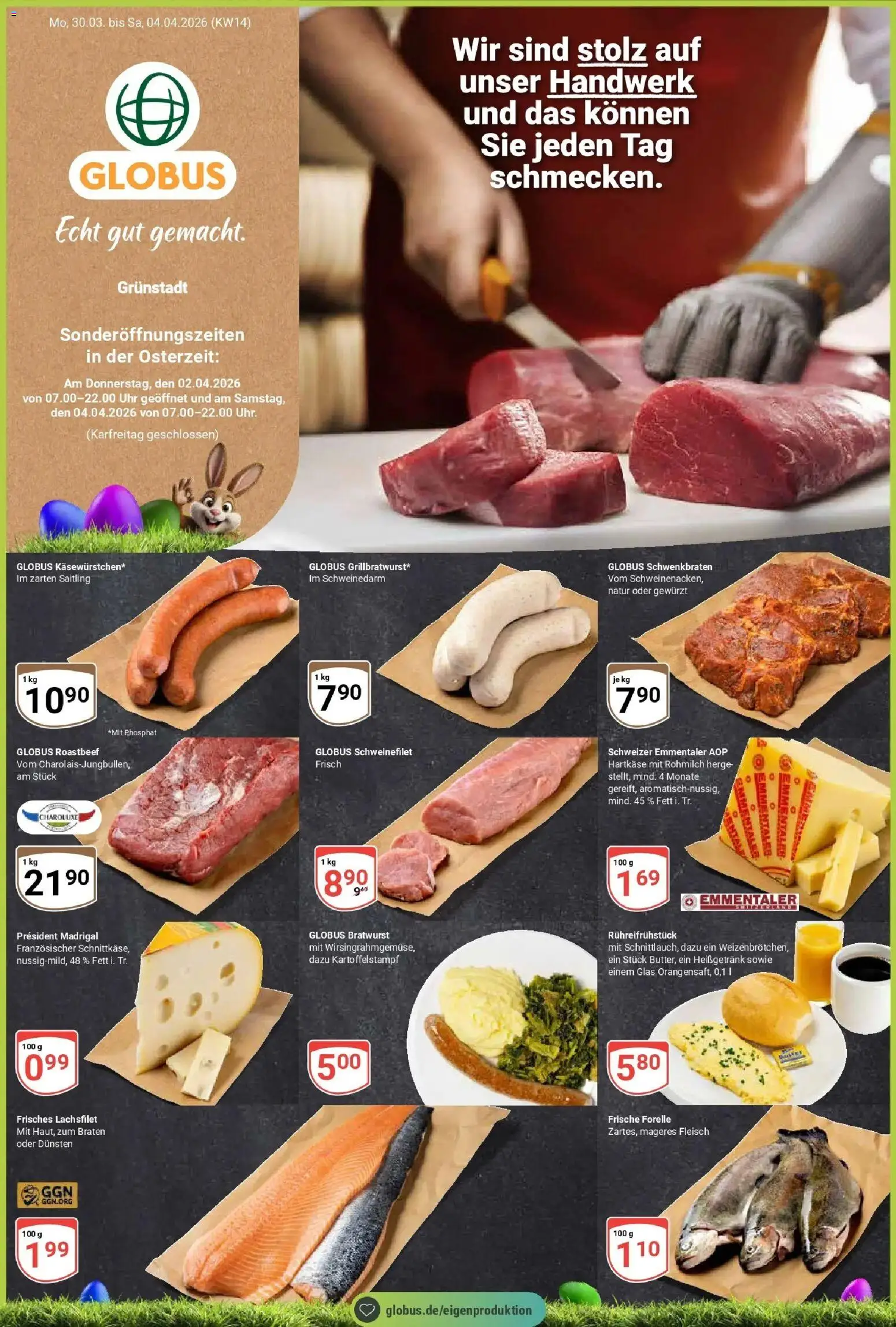Vorschau von dem Prospekt des Geschäftes Globus, gültig ab dem 30.03.2026 - Uhr, Bratwurst, Roastbeef, Fleisch, Schweinefilet