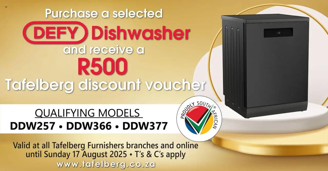 Tafelberg Furnishers Defy Dishwasher Promotion from 28/07 - 17/08/2025 > Promotions