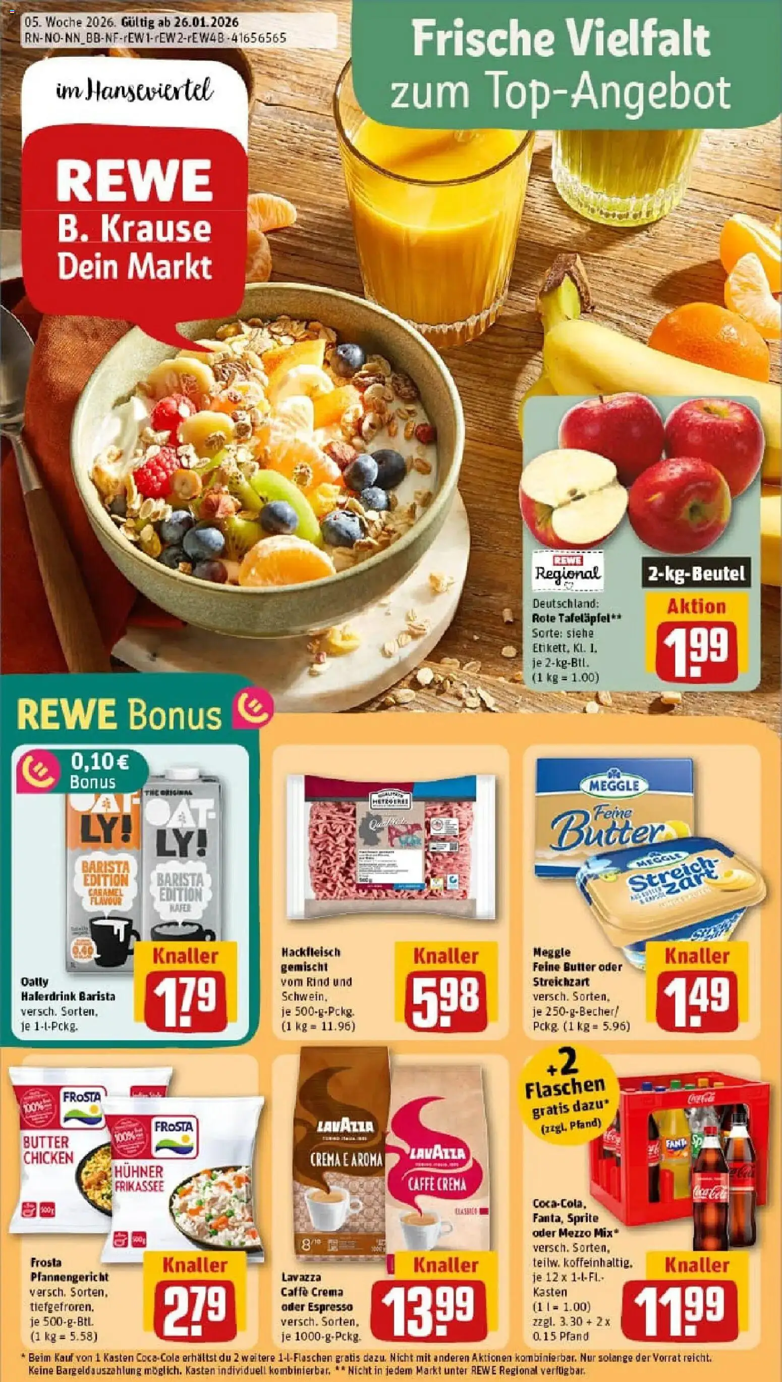 Vorschau von dem Prospekt des Geschäftes Rewe, gültig ab dem 26.01.2026 - Butter, Hackfleisch, Lavazza, Frosta, Sprite, Oatly, Haferdrink