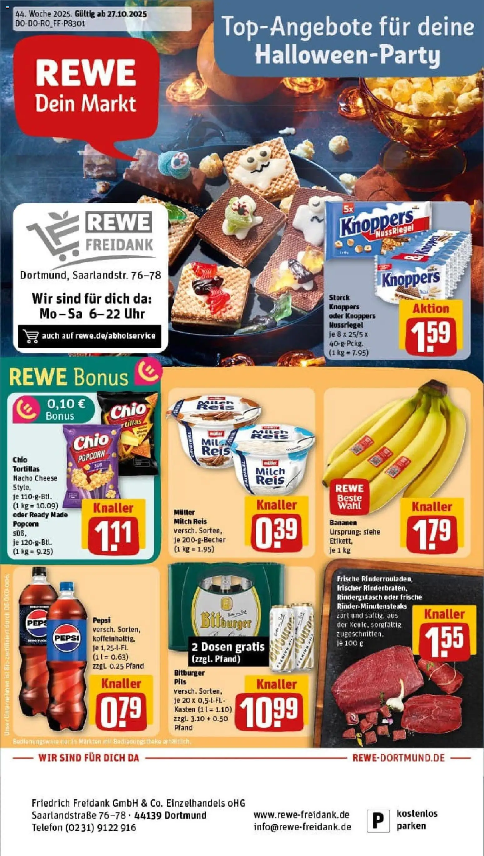 Vorschau von dem Prospekt des Geschäftes Rewe, gültig ab dem 26.10.2025 - Telefon, Bananen, Reis, Popcorn, Knoppers, Pepsi, Theke, Chio tortillas