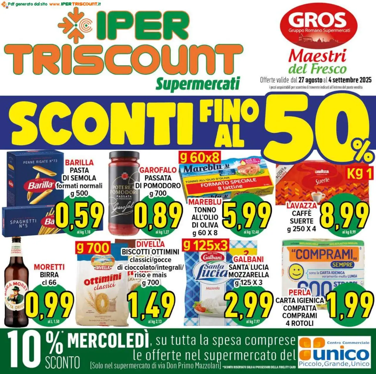Volantino Ipertriscount valido da 27/08/2025 numero di pagina 1 - Caffè, Biscotti, Spaghetti, Mozzarella, Olio, Penne, Carta igienica, Semola