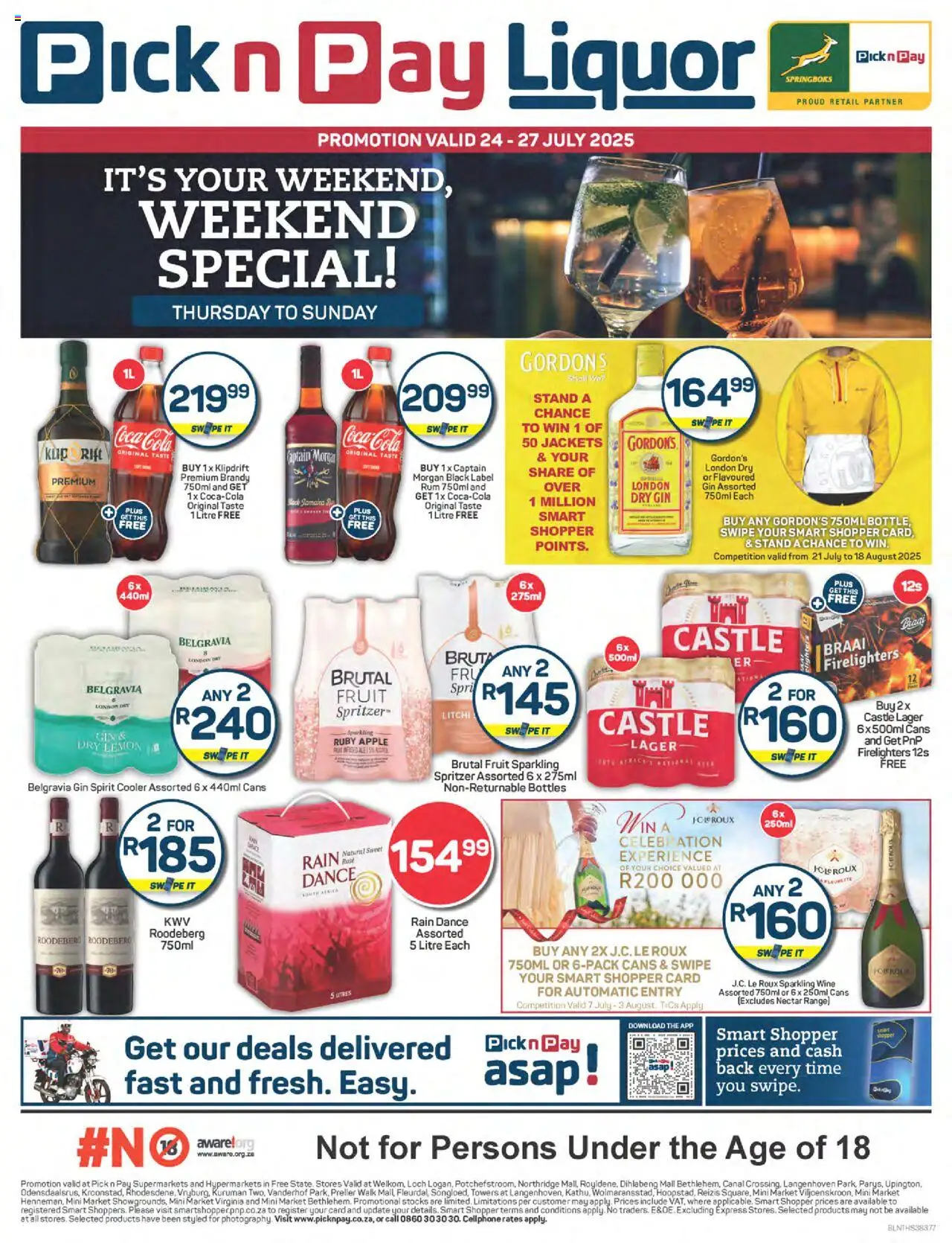 Pick n Pay Liquor Weekend Specials from 24/07 - 27/07/2025 > Promotions - Jackets, Wine, Gin, Fruit, Brandy, Lemon, Rum, Cooler