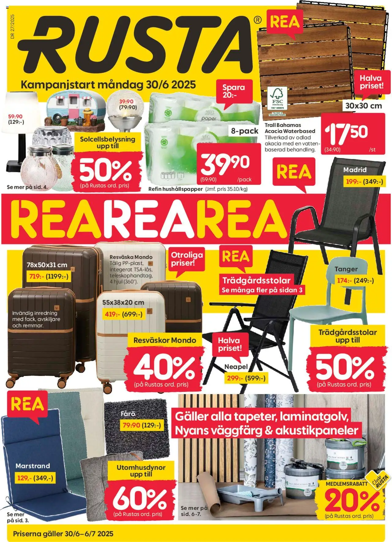 Aktuella reklamblad Rusta är giltig 30/06 2025 > Veckans Erbjudanden gäller från 30/06/2025 till 06/07/2025 sidnummer 1 - Resväska, Vatten, Solcellsbelysning, Galler, Trädgårdsstolar, Hushållspapper
