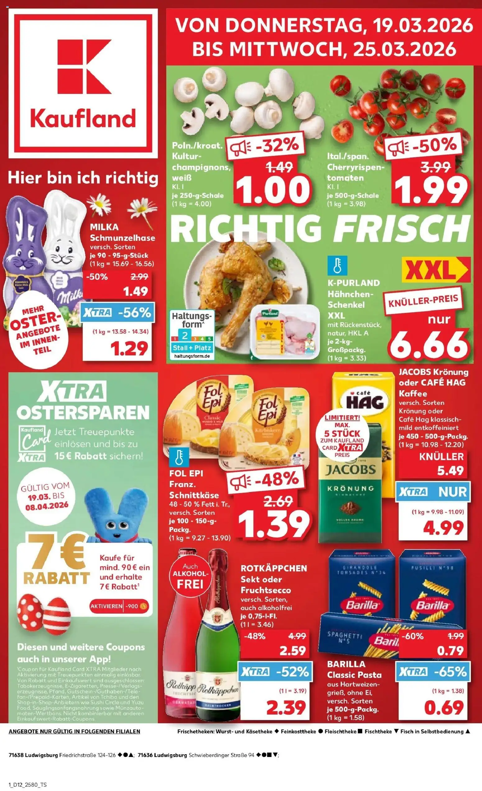 Vorschau von dem Prospekt des Geschäftes Kaufland, gültig ab dem 19.03.2026 - Kaffee, Pasta, Spaghetti, Milka, Barilla, Tomaten, Hahnchen, Rotkappchen sekt