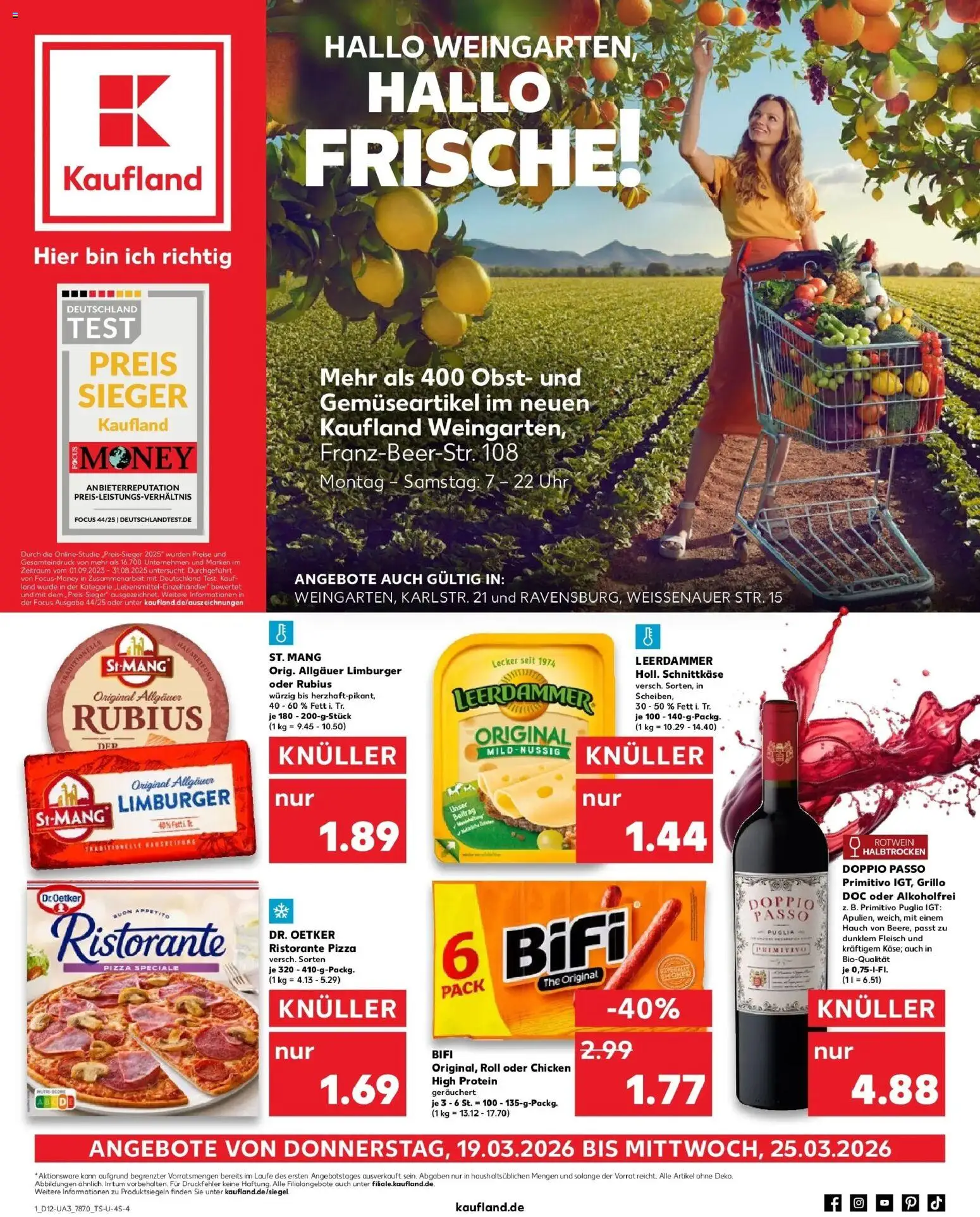 Vorschau von dem Prospekt des Geschäftes Kaufland, gültig ab dem 19.03.2026 - Uhr, Fleisch, Ristorante, Doppio passo primitivo, Doppio Passo, Bifi, Leerdammer, Rotwein halbtrocken