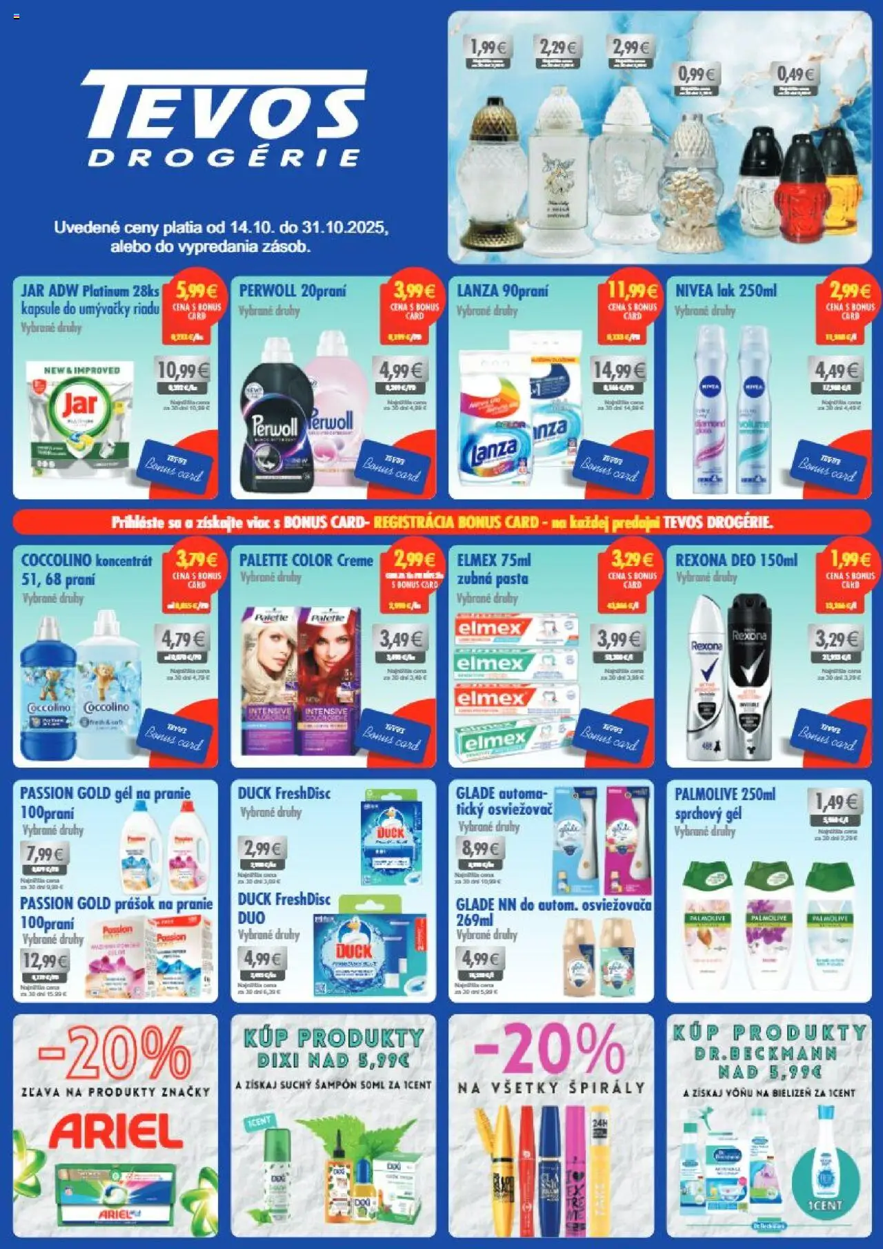 Náhľad TEVOS drogérie letáku platného od 14.10.2025 - Jar, Nivea, Perwoll, Šampón, Coccolino, Prášok na pranie, Zubná pasta, Sprchový gél