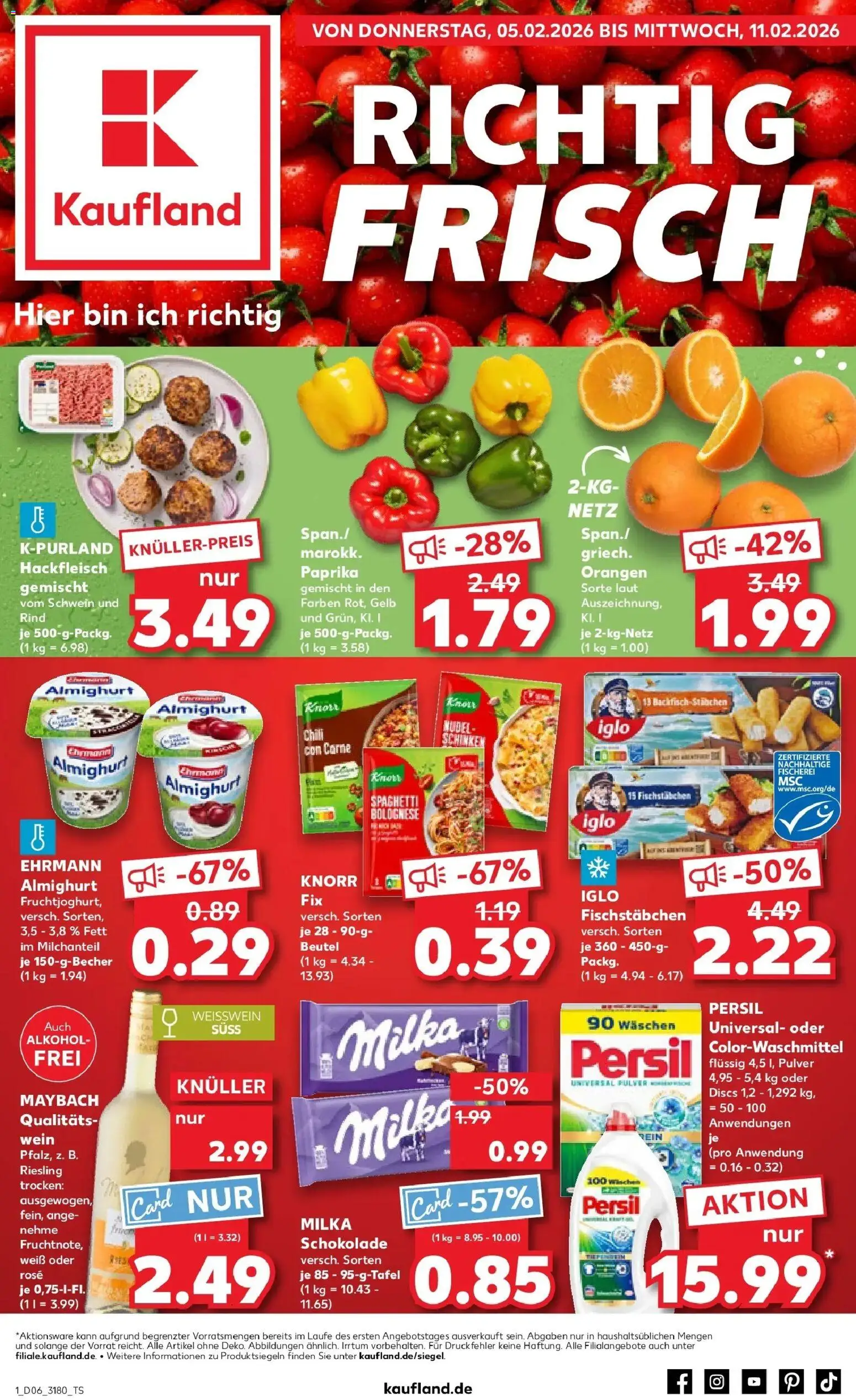 Vorschau von dem Prospekt des Geschäftes Kaufland, gültig ab dem 05.02.2026 - Schokolade, Spaghetti, Milka schokolade, Hackfleisch, Milka, Paprika, Orangen, Ehrmann almighurt