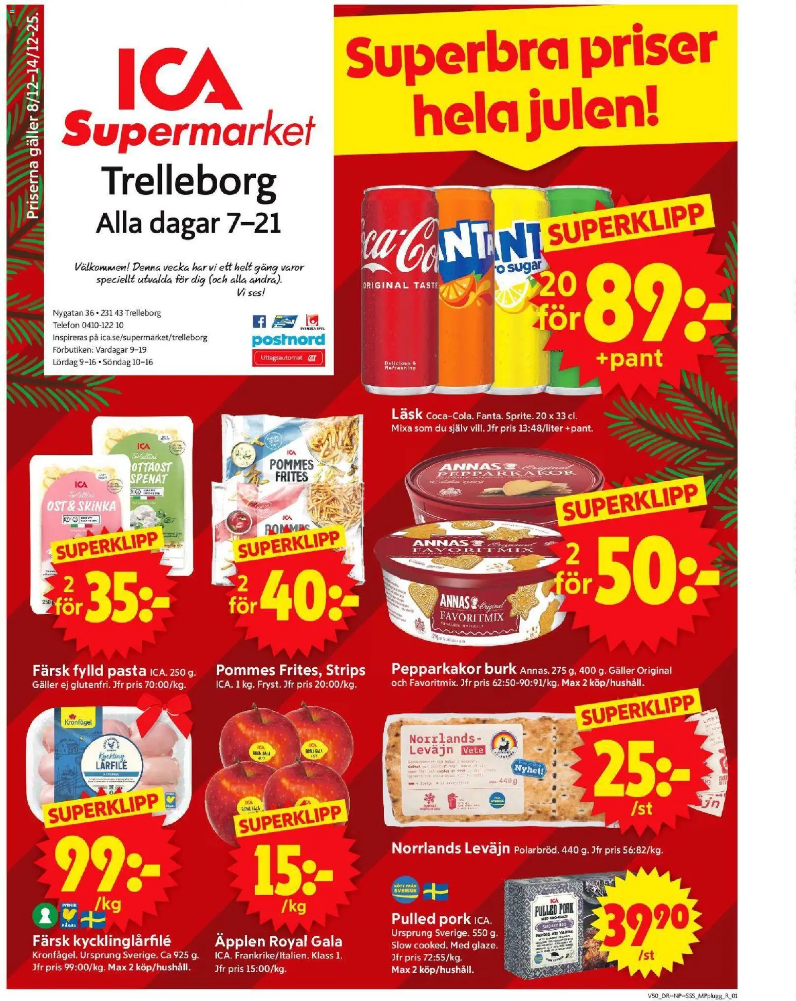 Förhandsgranska reklamblad Trelleborg från butik ICA Supermarket gäller från 08/12/2025 - Pasta, Telefon, Ost, Vin, Pepparkakor, Galler, Spenat, Skinka