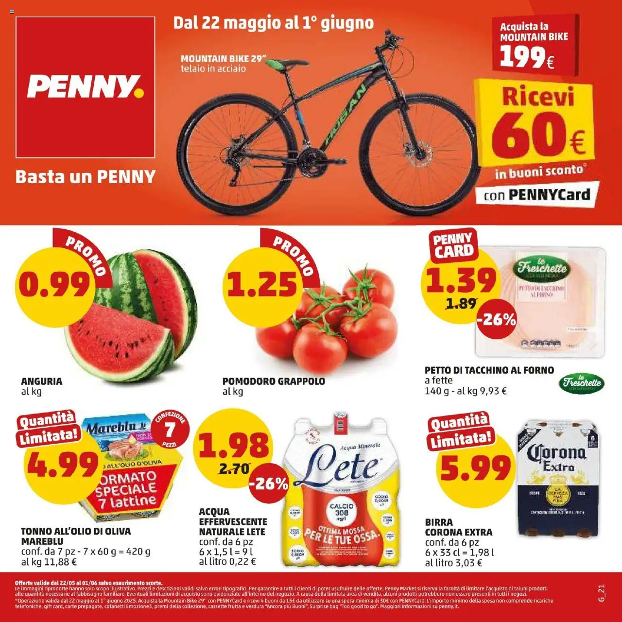 Volantino PENNY valido da 21/05/2025 numero di pagina 1 - Birra, Frutta, Tacchino, Pomodoro, Anguria, Tonno, Forno, Birra Corona