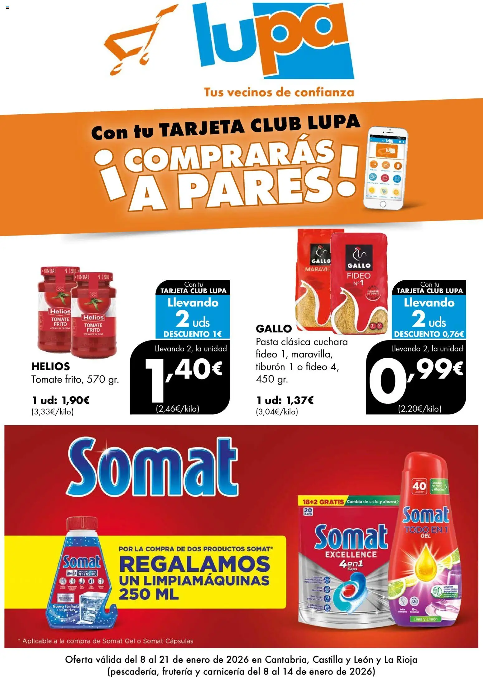 Vista previa del folleto de la tienda Lupa Supermercados válido desde el 08/01/2026 - Pasta, Lima, Aceite, Tomate, Limón, Cápsulas