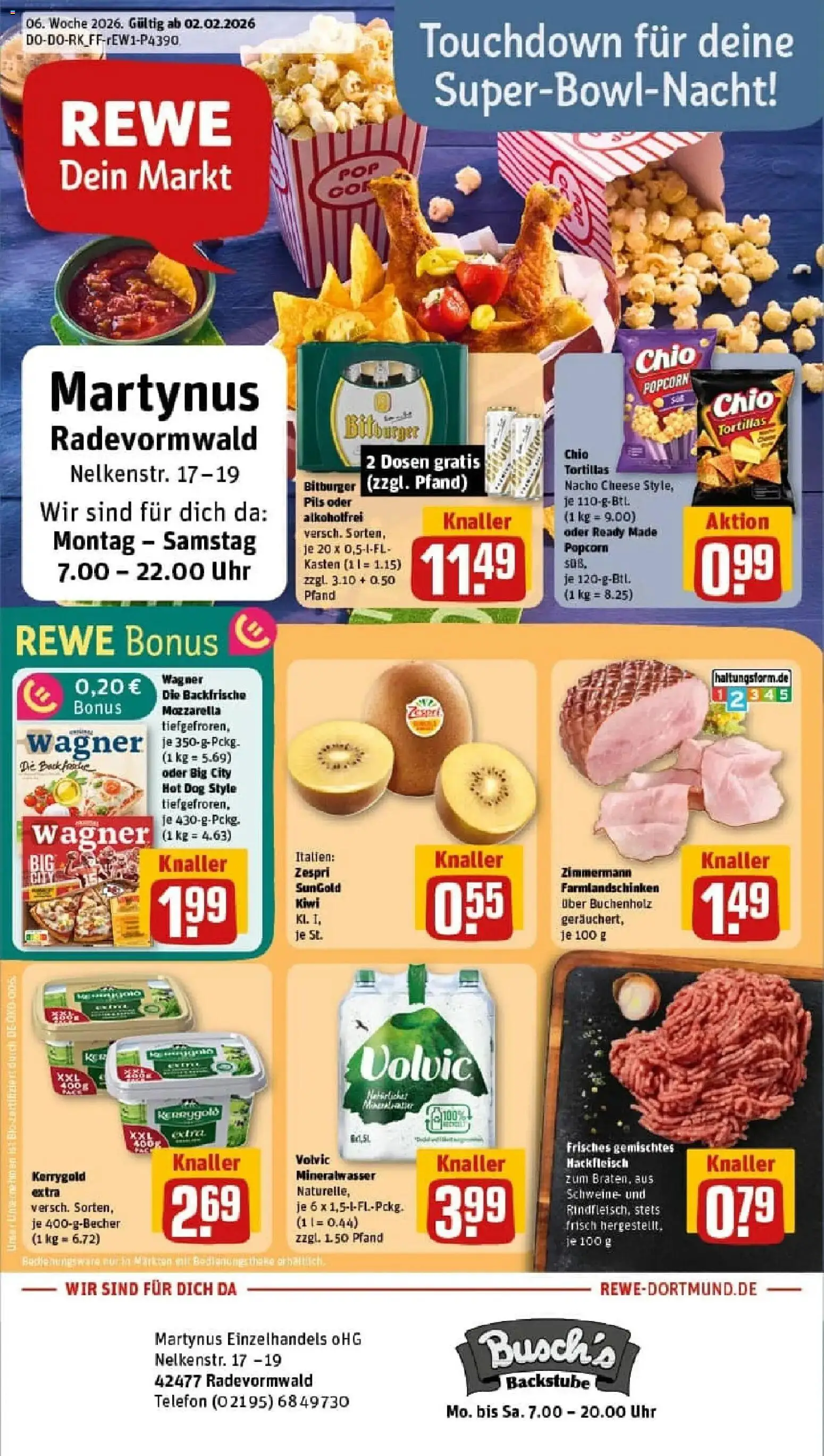 Vorschau von dem Prospekt des Geschäftes Rewe, gültig ab dem 02.02.2026 - Pizza, Uhr, Butter, Kiwi, Mineralwasser, Popcorn, Bitburger, Volvic
