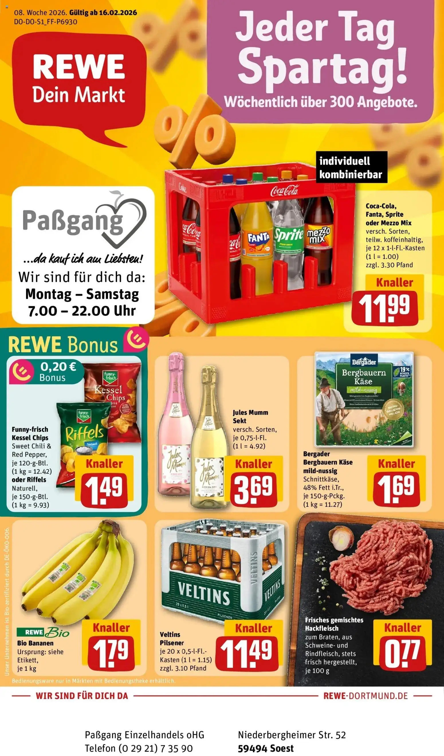 Vorschau von dem Prospekt des Geschäftes Rewe, gültig ab dem 16.02.2026 - Chips, Uhr, Fanta, Veltins, Sekt, Mezzo mix, Jules mumm, Oder mezzo mix