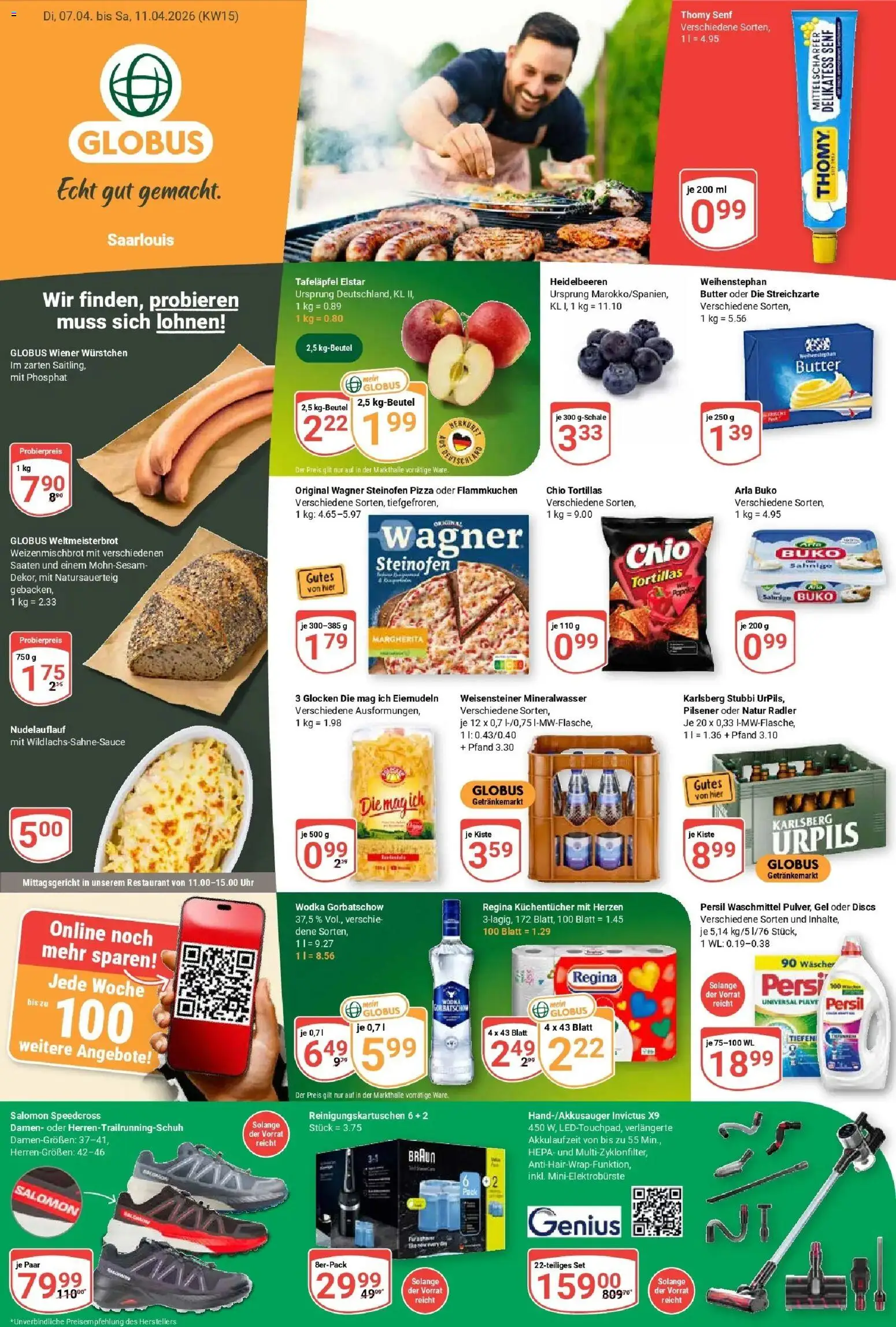 Vorschau von dem Prospekt des Geschäftes Globus, gültig ab dem 07.04.2026 - Tortillas, Mineralwasser, Heidelbeeren, Paprika, Wodka, Waschmittel, Chio tortillas, Arla buko