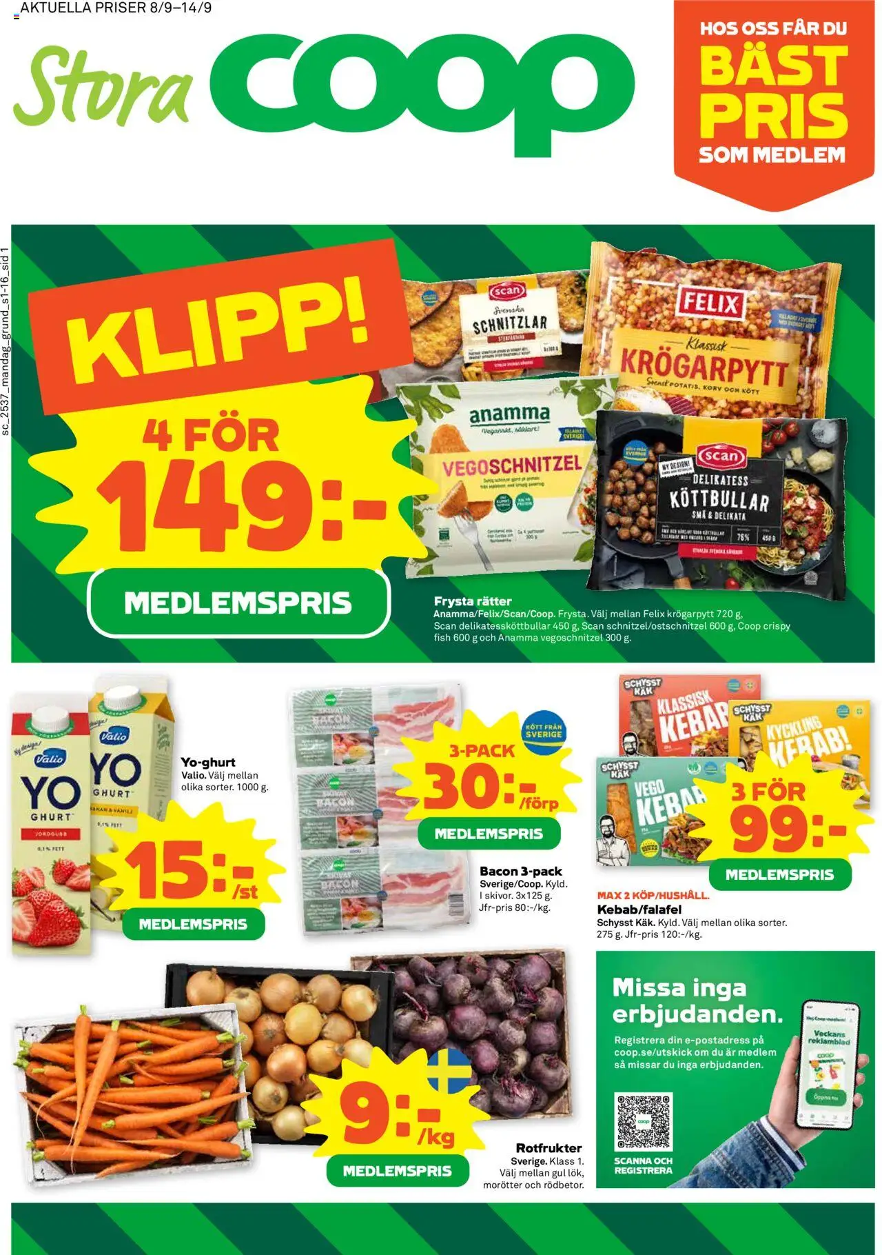 Boden är giltig 08/09 2025 > Veckans Erbjudanden gäller från 08/09/2025 till 14/09/2025 sidnummer 1 - Korv, Kött, Yoghurt, Bacon, Rotfrukter, Vanilj, Morötter, Kyckling