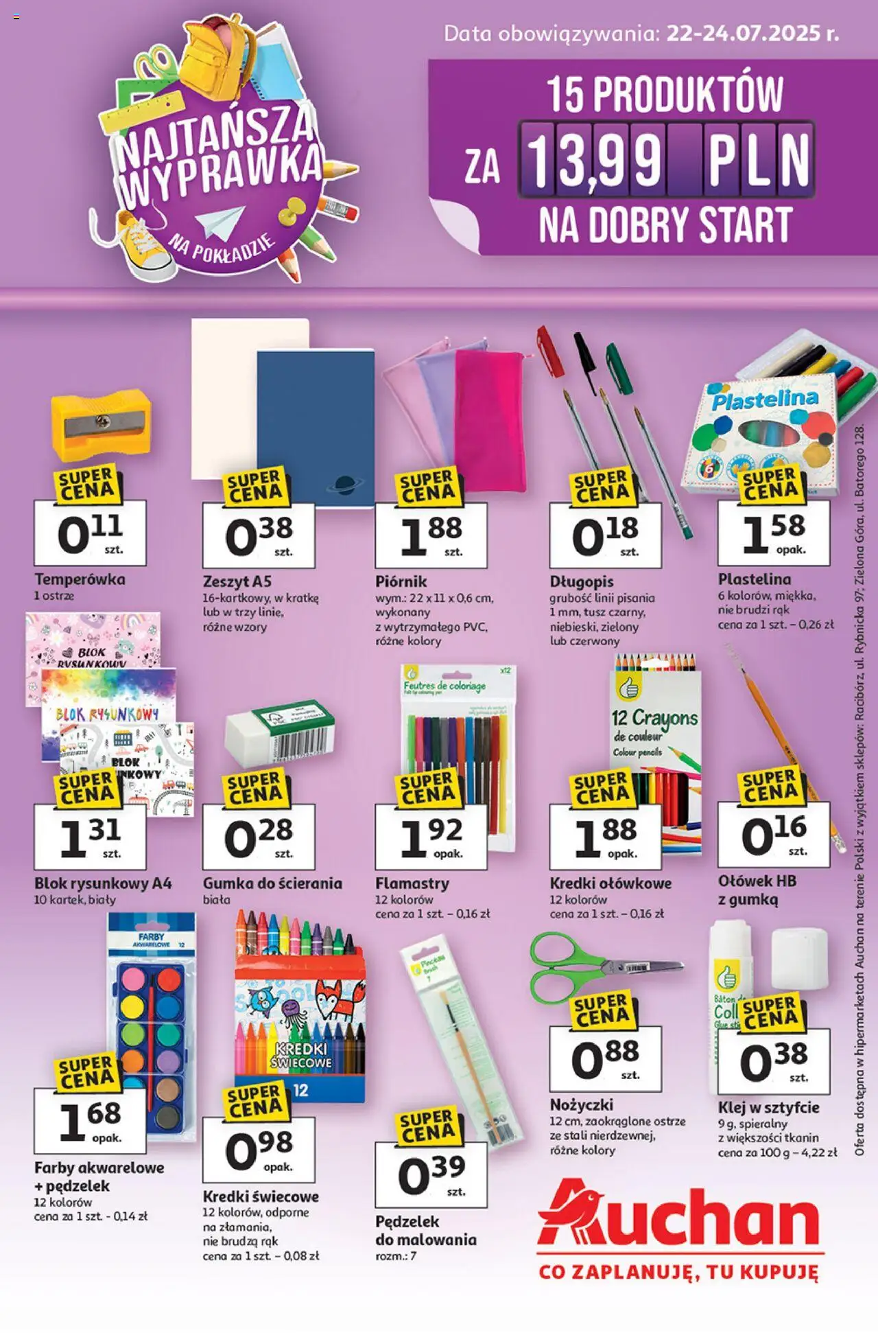 Auchan Najtańsza Wyprawka Szkolna Hipermarket od 22.07.2025 - Nowa Gazetka - Numer strony 1 - Piórnik, Baton, Kredki, Zeszyt, Plastelina, Temperówka, Flamastry
