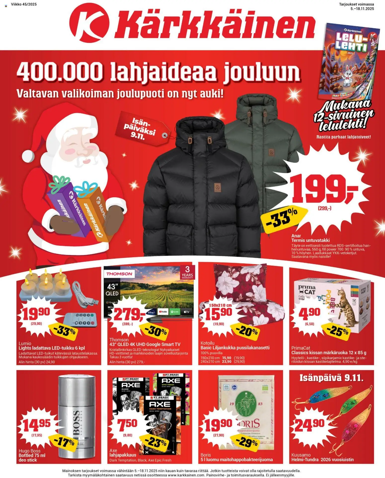 Kaupan Kärkkäinen Tarjoukset esikatselu, voimassa 05/11/2025 - TV, Pussilakanasetti, Kaukosäädin