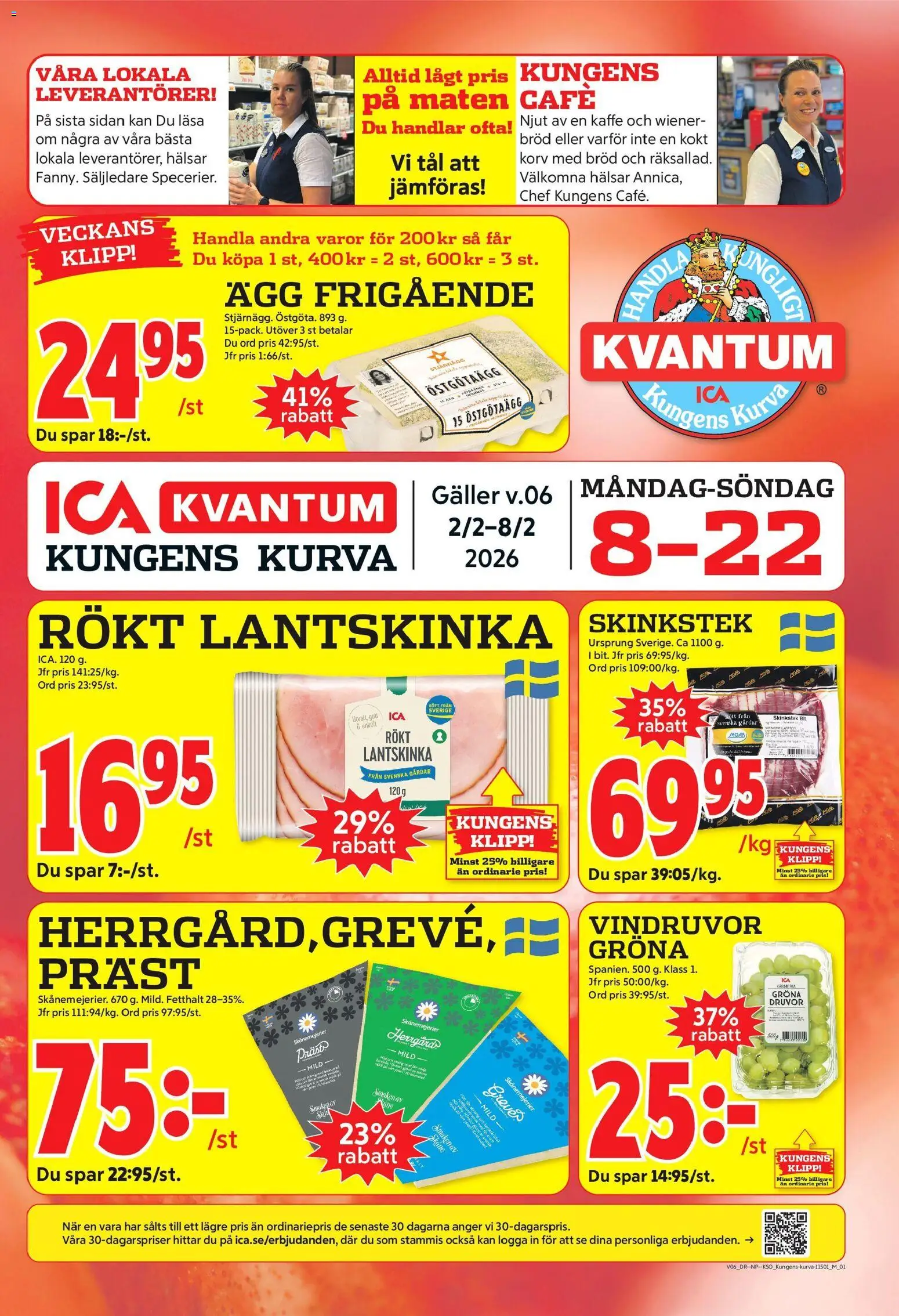 Förhandsgranska reklamblad Kungens Kurva från butik ICA Kvantum gäller från 02/02/2026 - Kaffe, Bröd, Korv, Ägg, Kött, Galler, Vindruvor