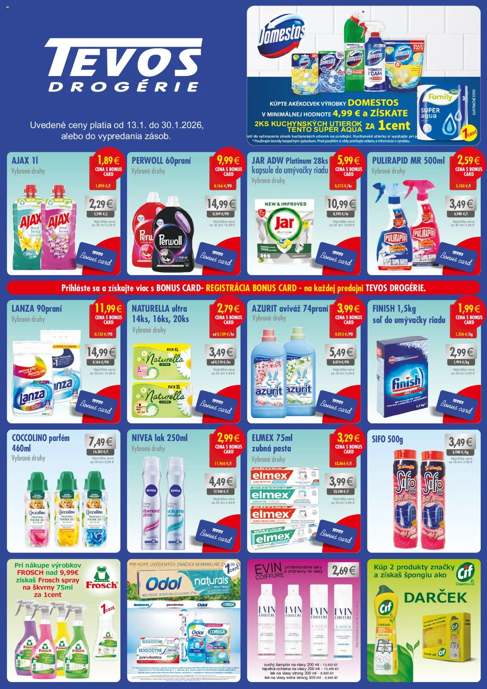 Náhľad TEVOS drogérie letáku platného od 13.01.2026 - Jar, Nivea, Parfém, Soľ, Šampón, Coccolino, Domestos, Aviváž