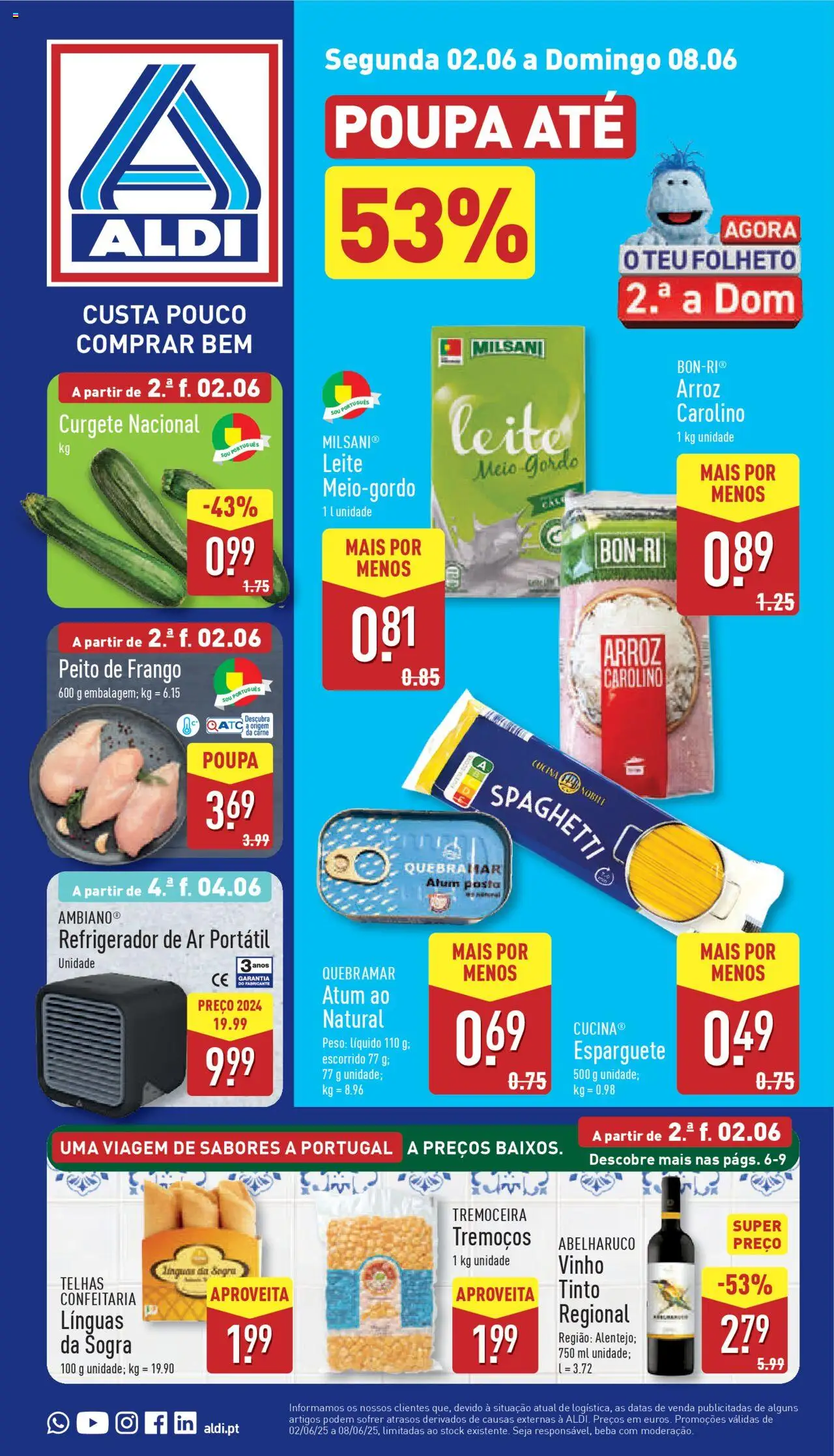 Aldi Folheto de 02/06/2025 - catálogo esta semana - página 1 - Atum, Peito de frango, Frango, Leite, Leite meio-gordo, Arroz, Carne, Tremoços