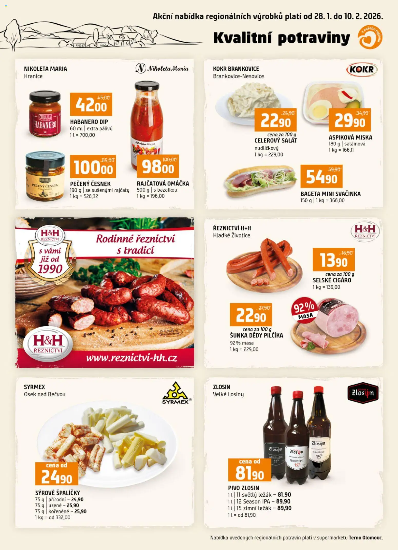 Náhled nabídky: Terno Leták - Olomouc platný od 28.01.2026 - Potraviny, Pivo, Salát, Česnek, Šunka, Miska, Bageta, Rajčatová omáčka
