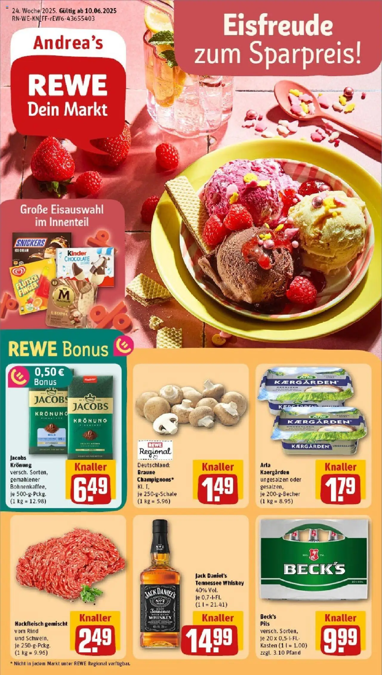 REWE Prospekt ab 08.06.2025 nächste Woche - Prospekt Köln / Lövenich - Hackfleisch, Snickers, Whiskey, Pils, Jack Daniel's