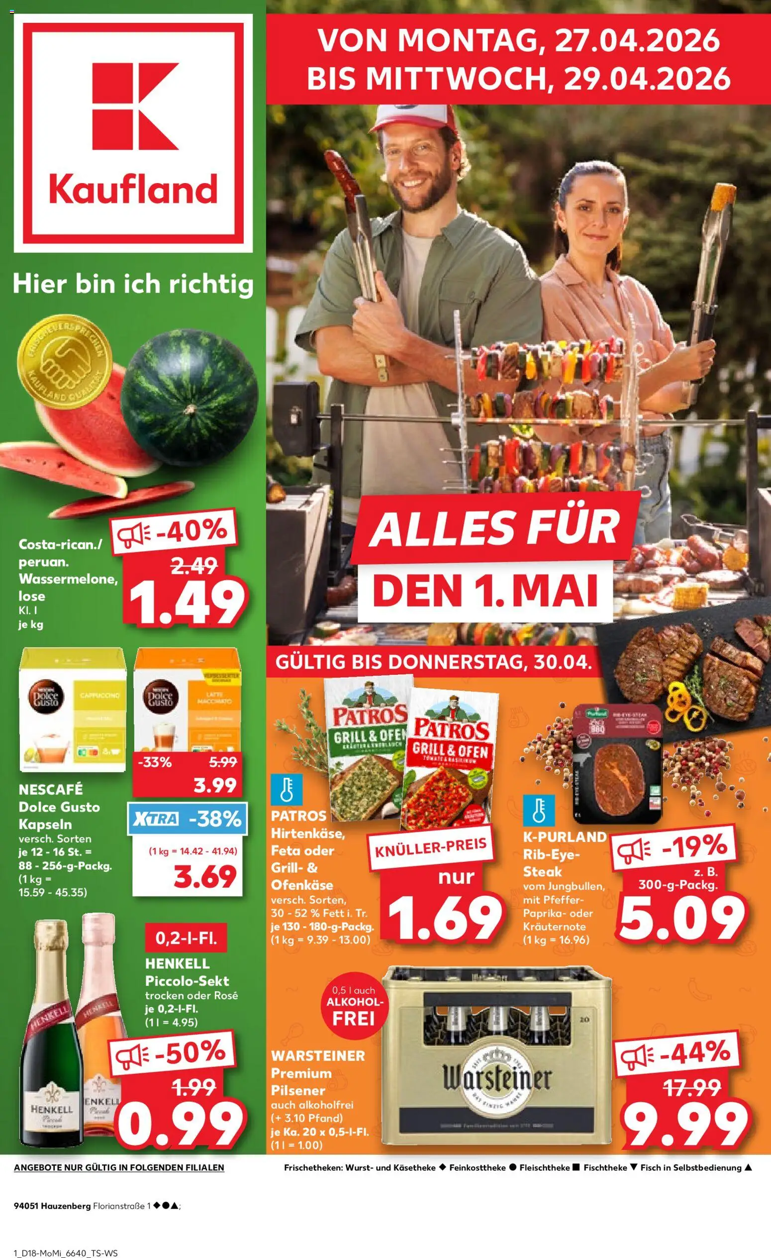 Náhled nabídky: Kaufland Německo Kaufland Německo leták - Alles für den 1. Mai platný od 27.04.2026 - Steak, Paprika, Alkohol, Dolce Gusto, Nescafé, Feta