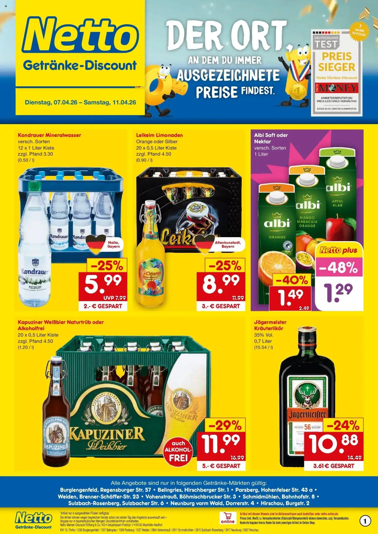 Vorschau von dem Prospekt des Geschäftes Netto Marken-Discount, gültig ab dem 07.04.2026 - Mango, Äpfel, Jägermeister, Mineralwasser, Alkohol, Saft, Weißbier