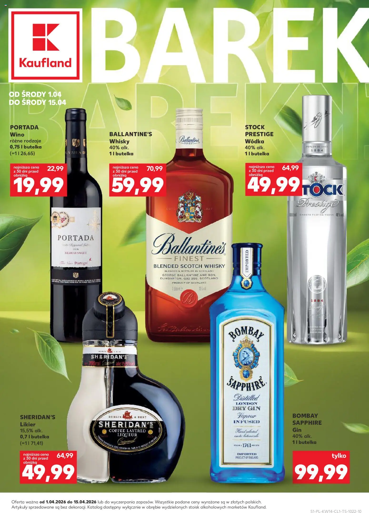 Náhled nabídky: Kaufland Polsko Kaufland Polsko leták - Barek platný od 01.04.2026 - Vodka, Gin, Whisky, Ballantine's, Sheridan's, London dry gin, Finest, Dry gin