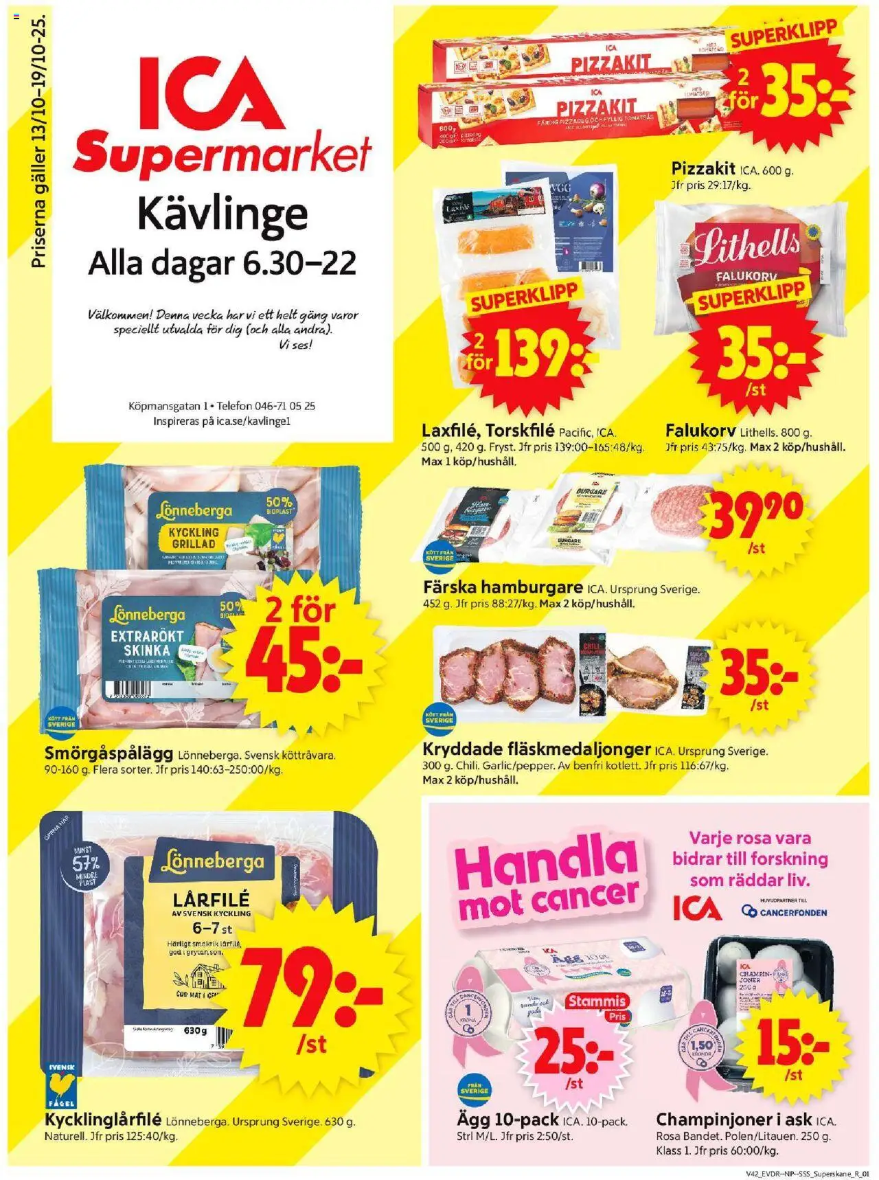 Kävlinge är giltig 13/10 2025 > Veckans Erbjudanden gäller från 13/10/2025 till 19/10/2025 sidnummer 1 - Hamburgare, Telefon, Ägg, Galler, Champinjoner, Pizzakit, Torskfile, Kyckling
