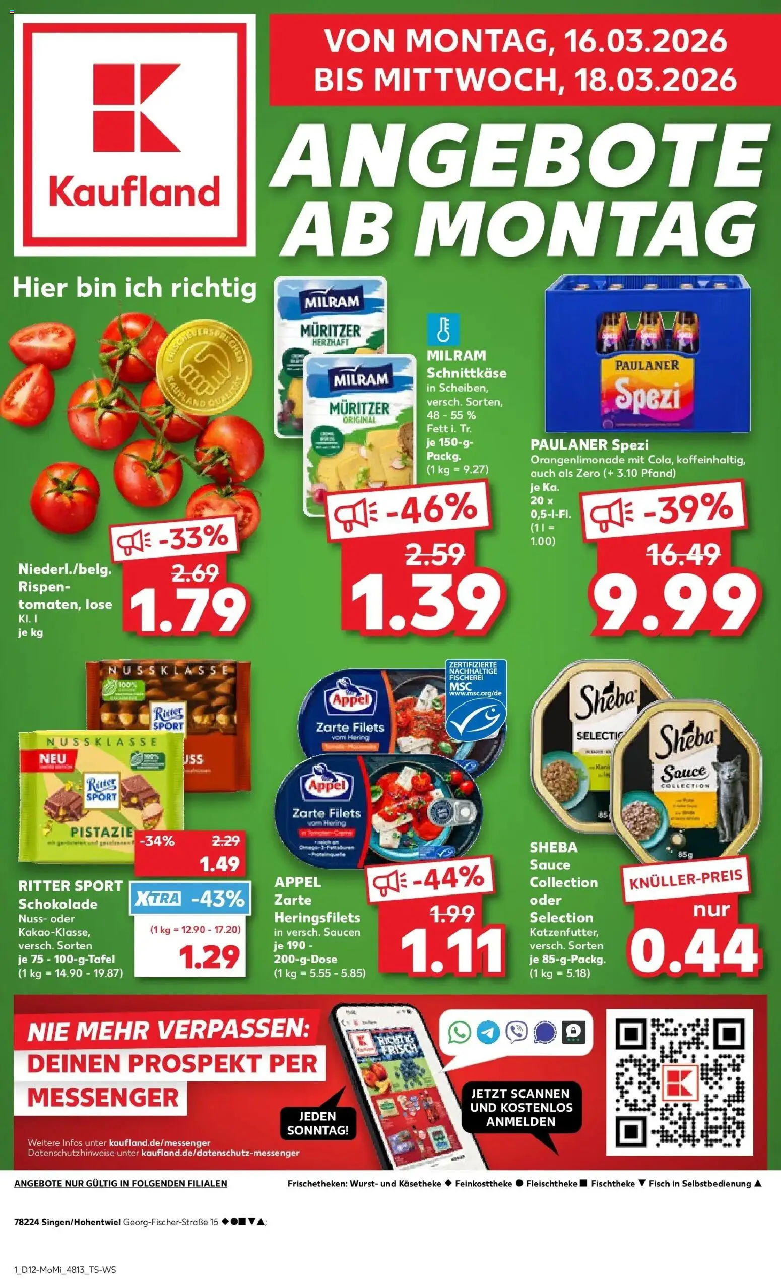 Vorschau von dem Prospekt des Geschäftes Kaufland, gültig ab dem 16.03.2026 - Schokolade, Fisch, Wurst, Cola, Ritter sport, Paulaner spezi, Paulaner, Sheba