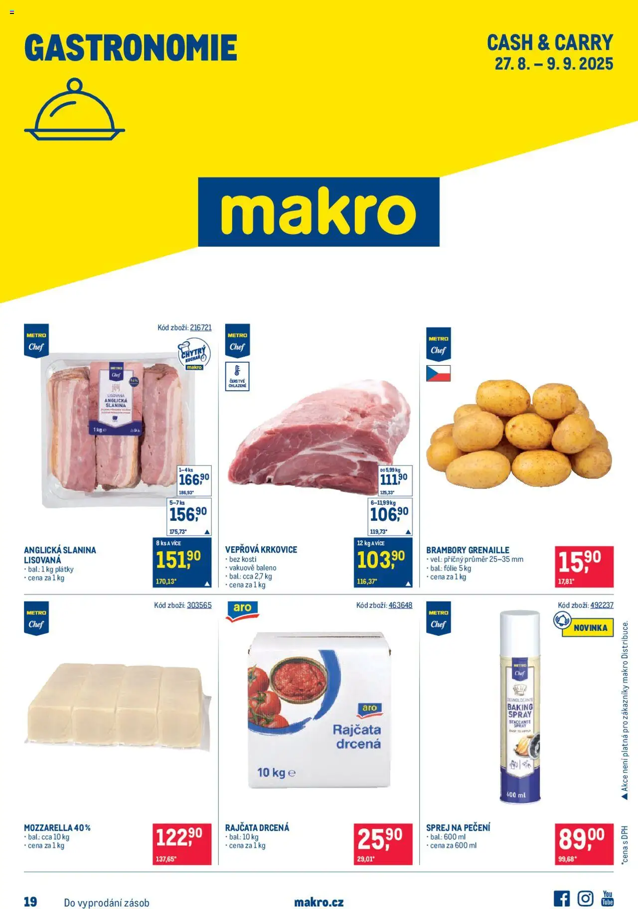  Makro Leták - Gastronomie od 27.08.2025 - Akce Makro - Brambory, Mozzarella, Krkovice, Rajčata, Slanina, Vepřová krkovice, Brambory Grenaille, Anglická slanina