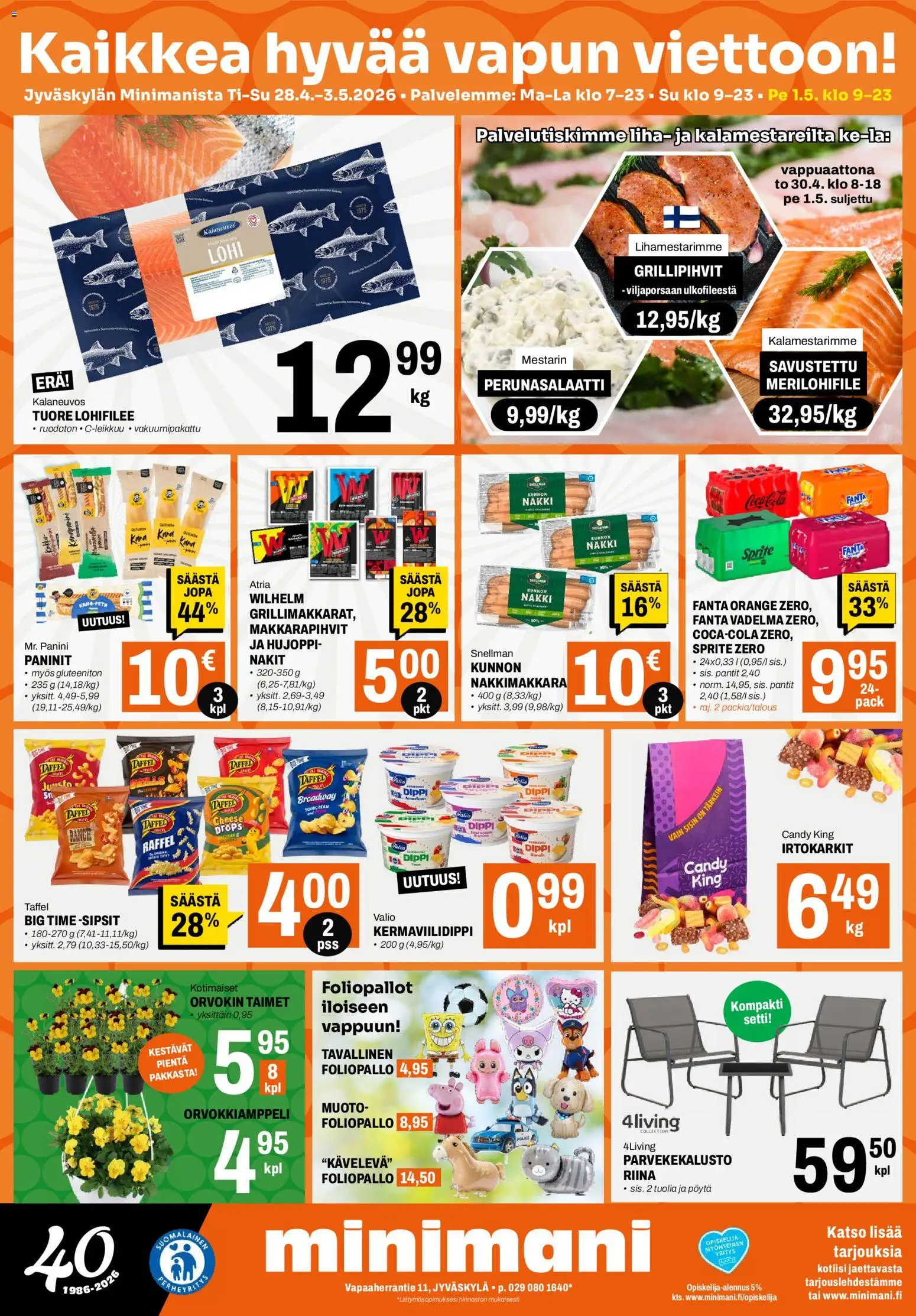 Kaupan Minimani Minimani tarjoukset - Jyväskylä esikatselu, voimassa 28/04/2026 - Lohi, Kana, Irtokarkit, Juusto, Fanta, Liha, Sprite, Nakit