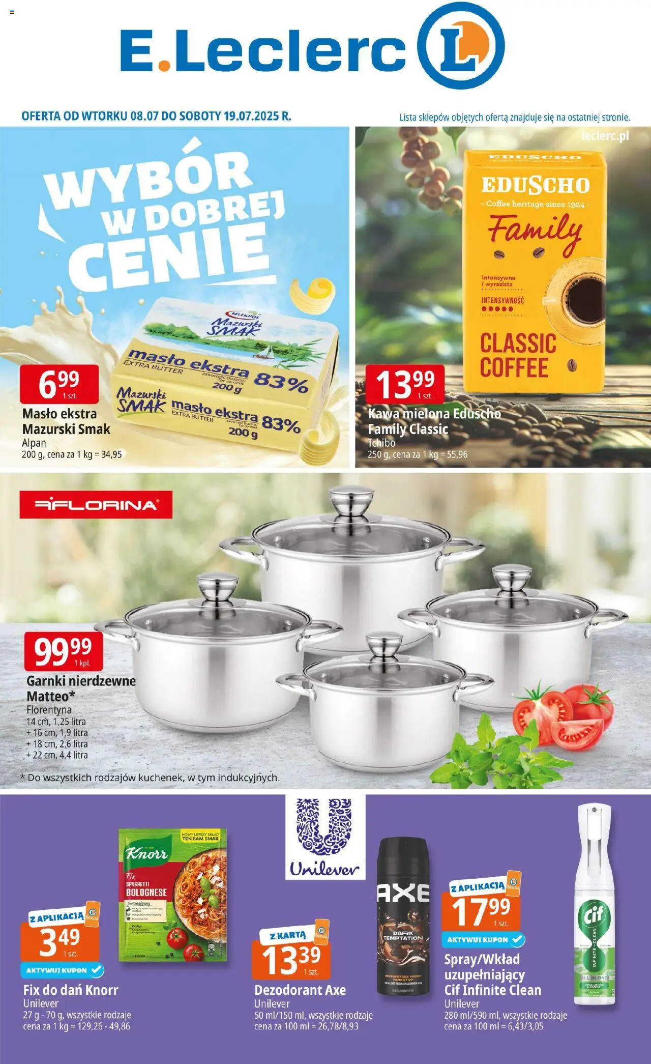 E.Leclerc Gazetka od 08.07.2025 - Nowa Gazetka - Numer strony 1 - Masło, Dezodorant, Garnki, Tchibo, Karta, Kawa mielona, Spaghetti bolognese, Spaghetti