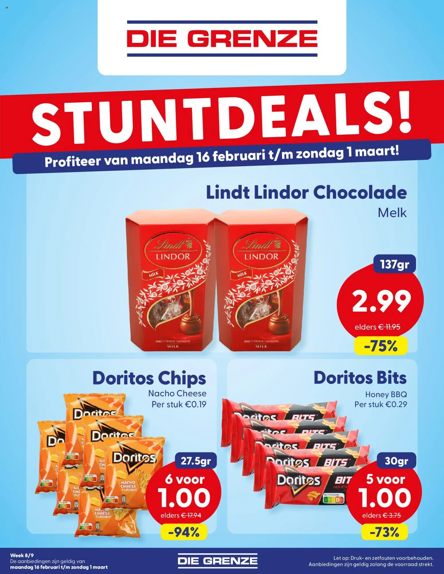 Voorbeeld van Folder week 08/09 van winkel Die Grenze geldig vanaf 16-02-2026 - Chocolade, Chips, Lindt, Melk, Doritos, Lindor
