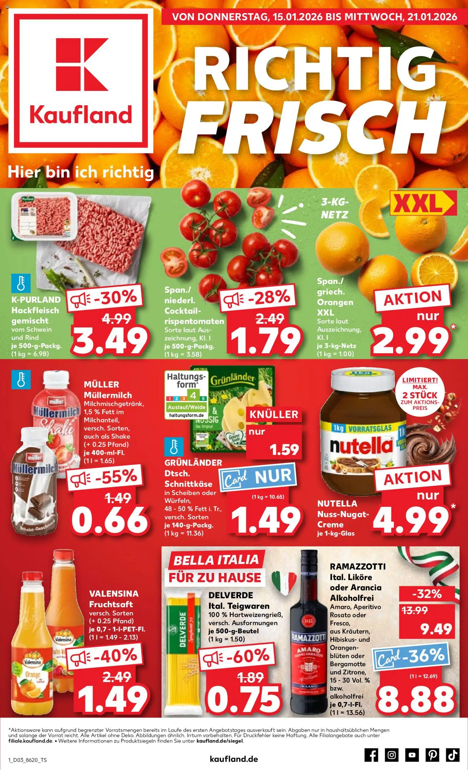 Vorschau von dem Prospekt des Geschäftes Kaufland, gültig ab dem 15.01.2026 - Pasta, Ramazzotti, Müllermilch, Creme, Orangen, Valensina, Fruchtsaft, Muller mullermilch