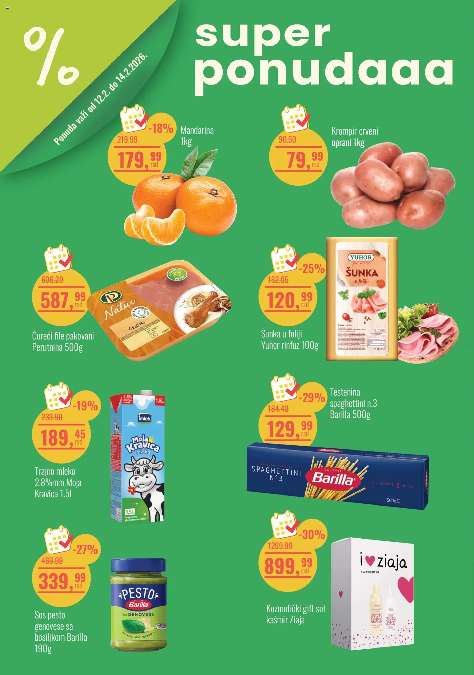 Pregled Aroma Market kataloga - važi od 12.02.2026 - Krompir, Pesto, Moja kravica, Mleko, Sos, Šunka, Testenina, Barilla